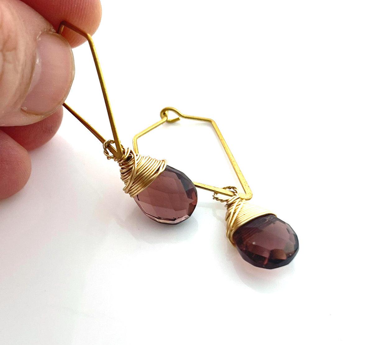 Purple Hydro Quartz Earrings – Brass Diamond-Shaped Dangles, Hand Wire Wrapped Briolette Earrings (1.5”)