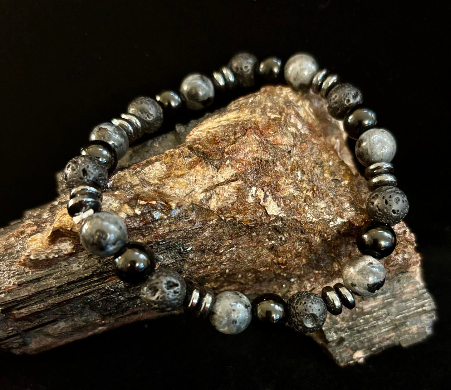 Men's Mystic Warrior Bracelet β Labradorite, Black Onyx & Lava Rock with Black Metal Spacers (Fits Large Wrists)