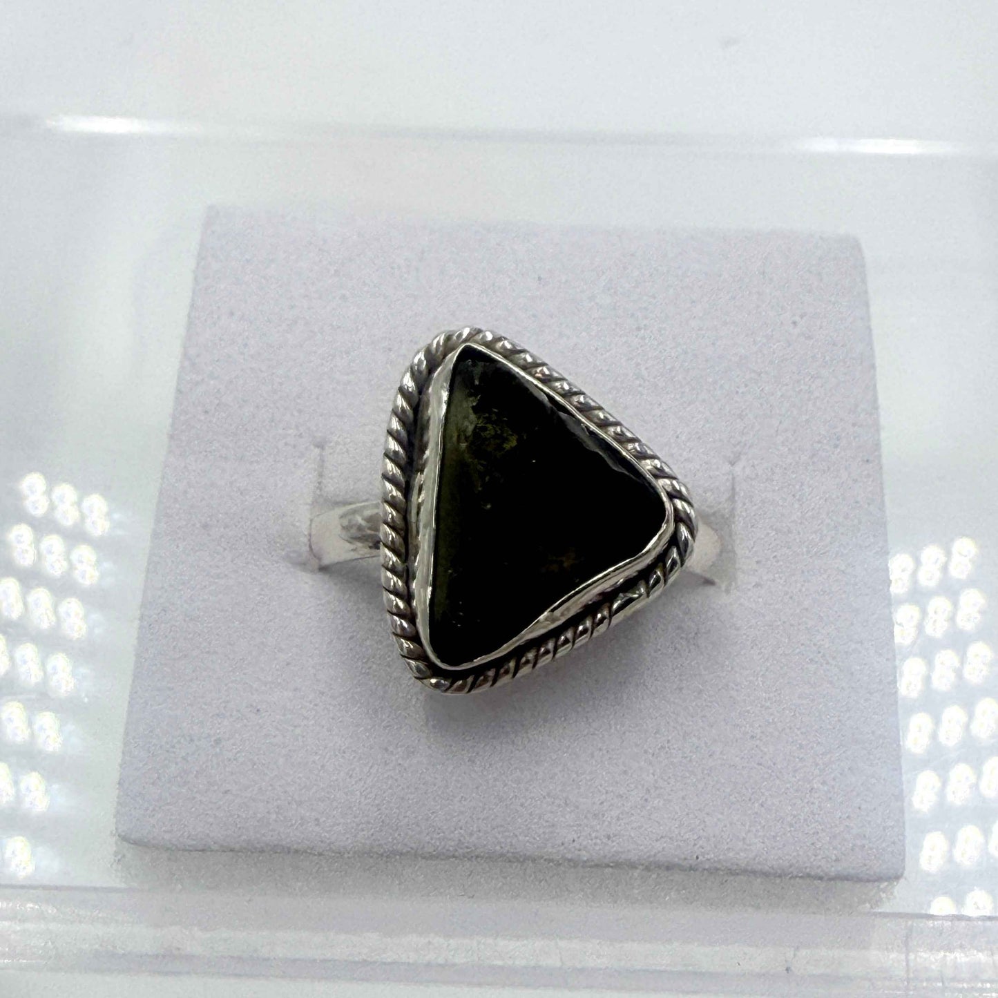 Sterling Silver Bezeled Moldavite Ring - Size 9 - Transformation, Growth & Awakening
