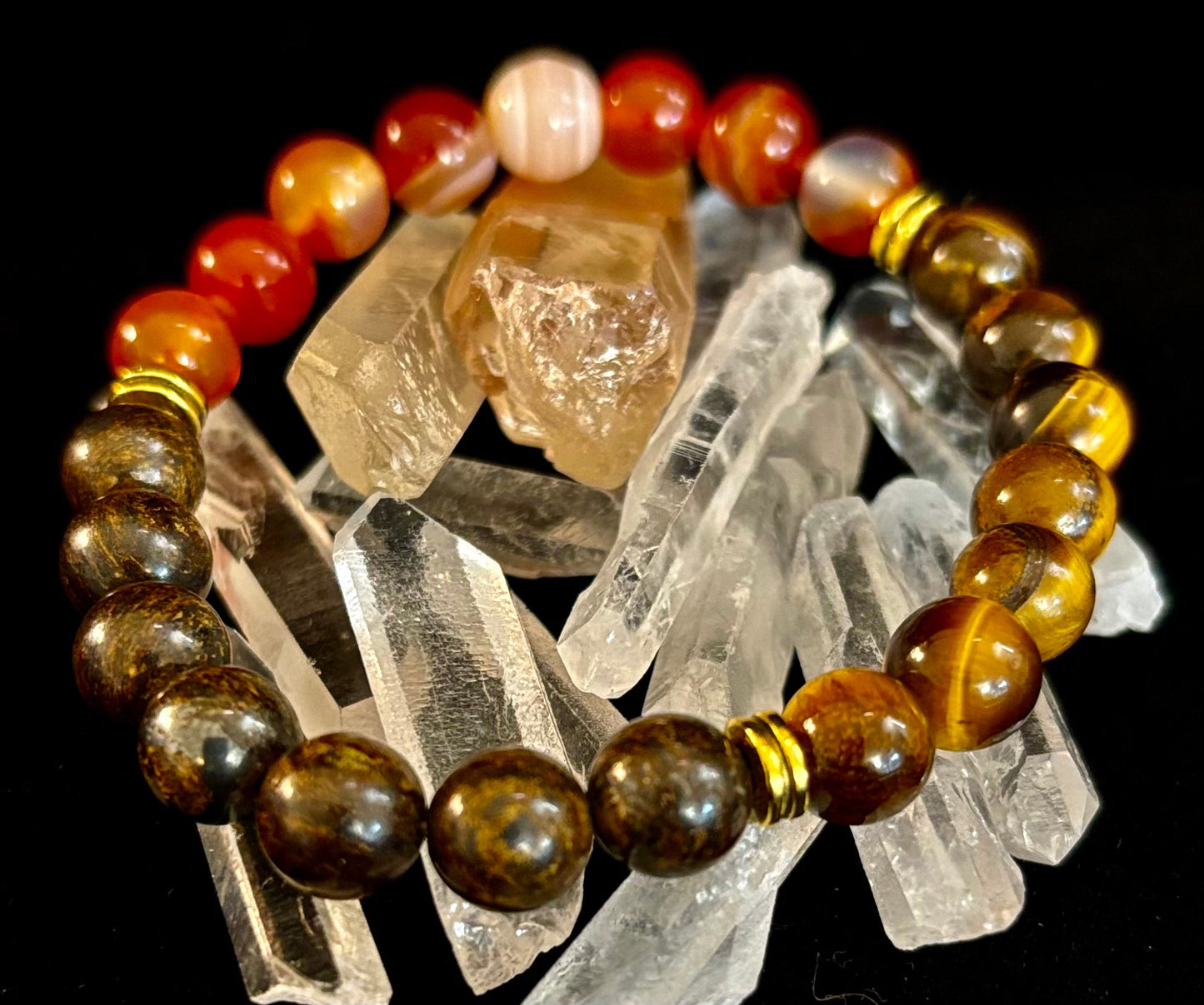 Depression Support Intention Bracelet – Yellow Tiger Eye, Banded Carnelian & Bronzite | 8mm Gemstones