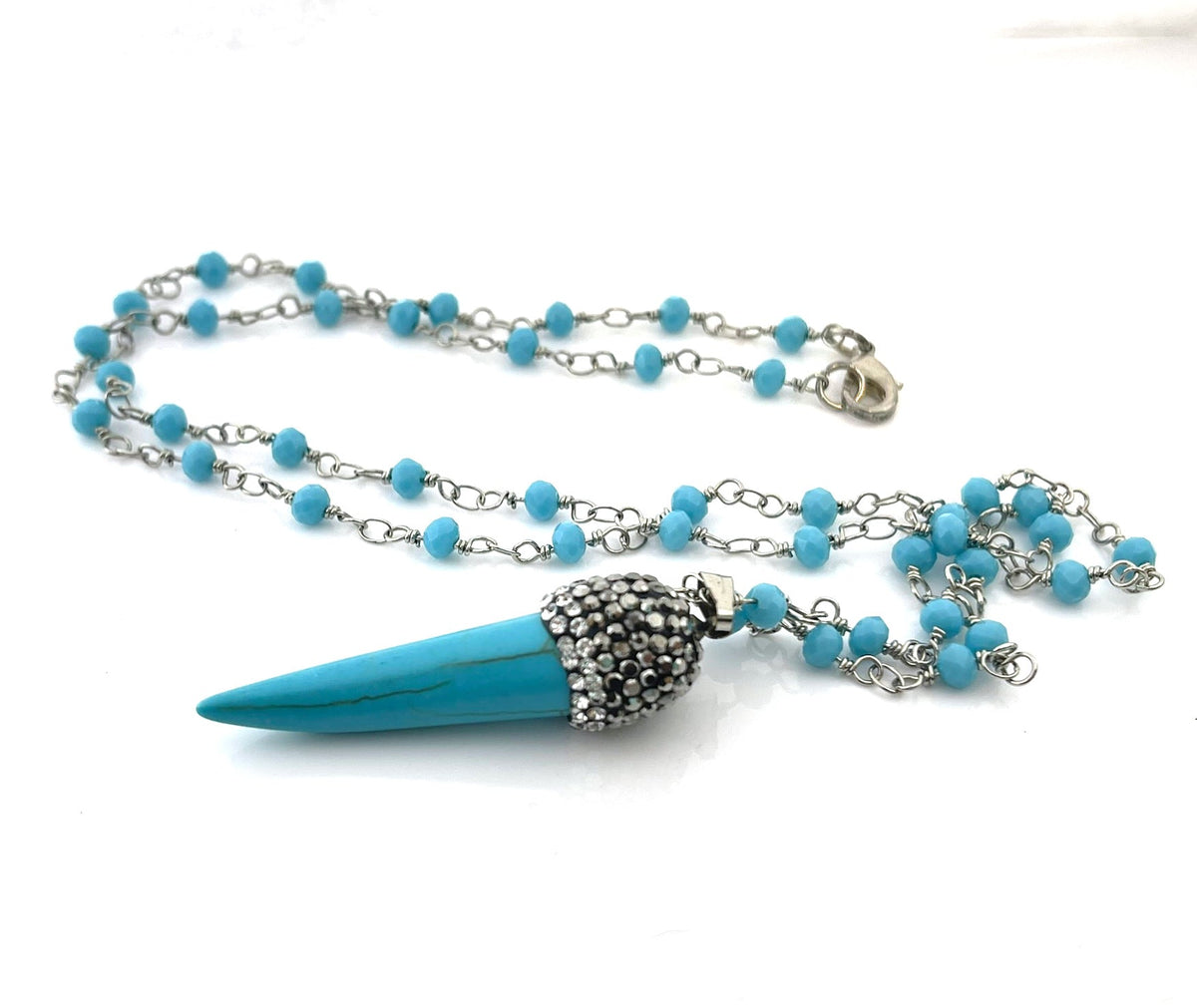 Turquoise Horn Necklace – Howlite & Czech Glass on Stainless Steel Chain