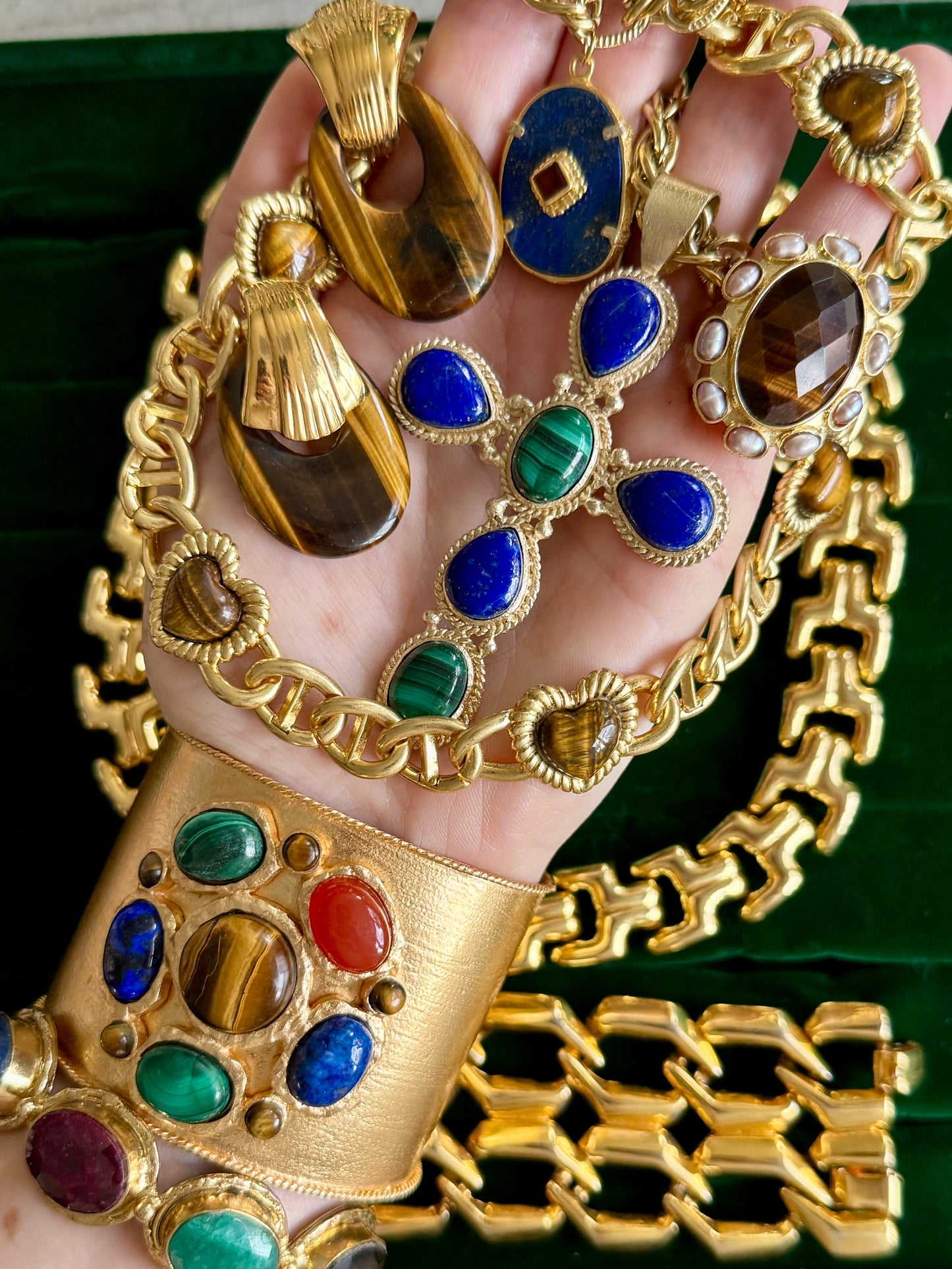 French Tiger's Eye Malachite Gold Cuff