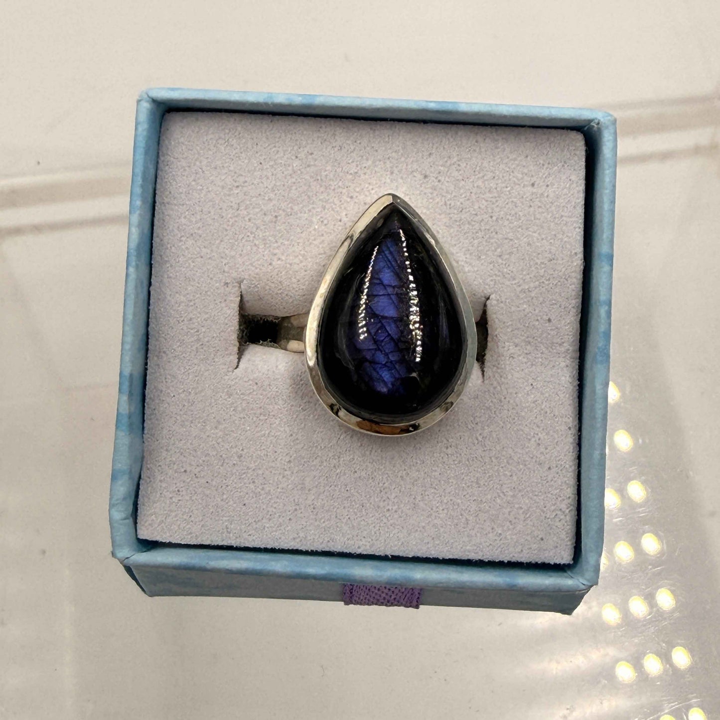 Sterling Silver Teardrop Spectrolite Ring - Size 6 -Intuition, Protection & Illumination