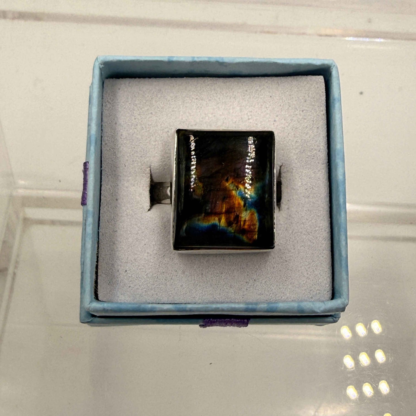 Sterling Silver Square Spectrolite Ring - Size 9 -Intuition, Protection & Illumination