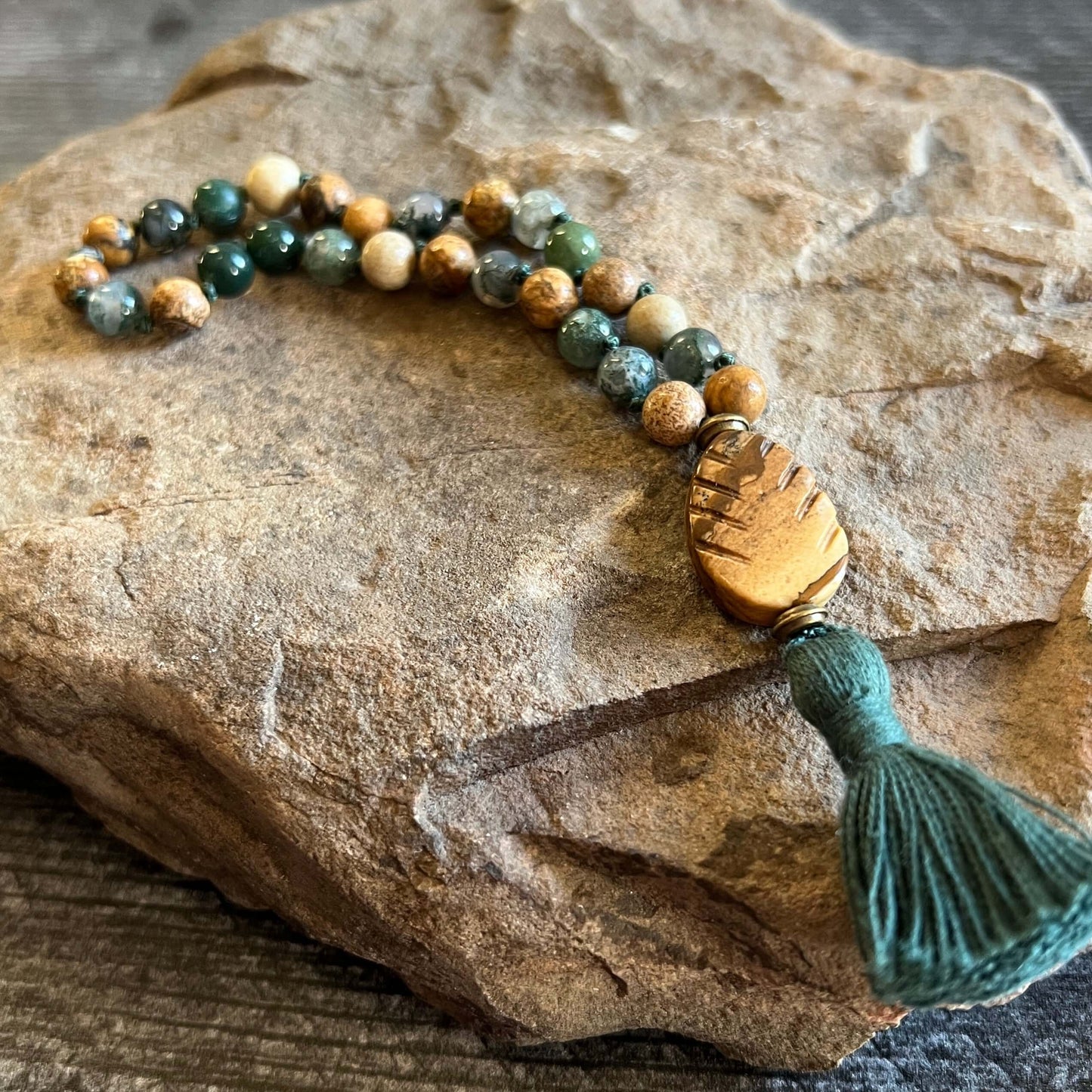 Pine Tree Meditation Mala – 27 Beads of Picture Jasper & Moss Agate