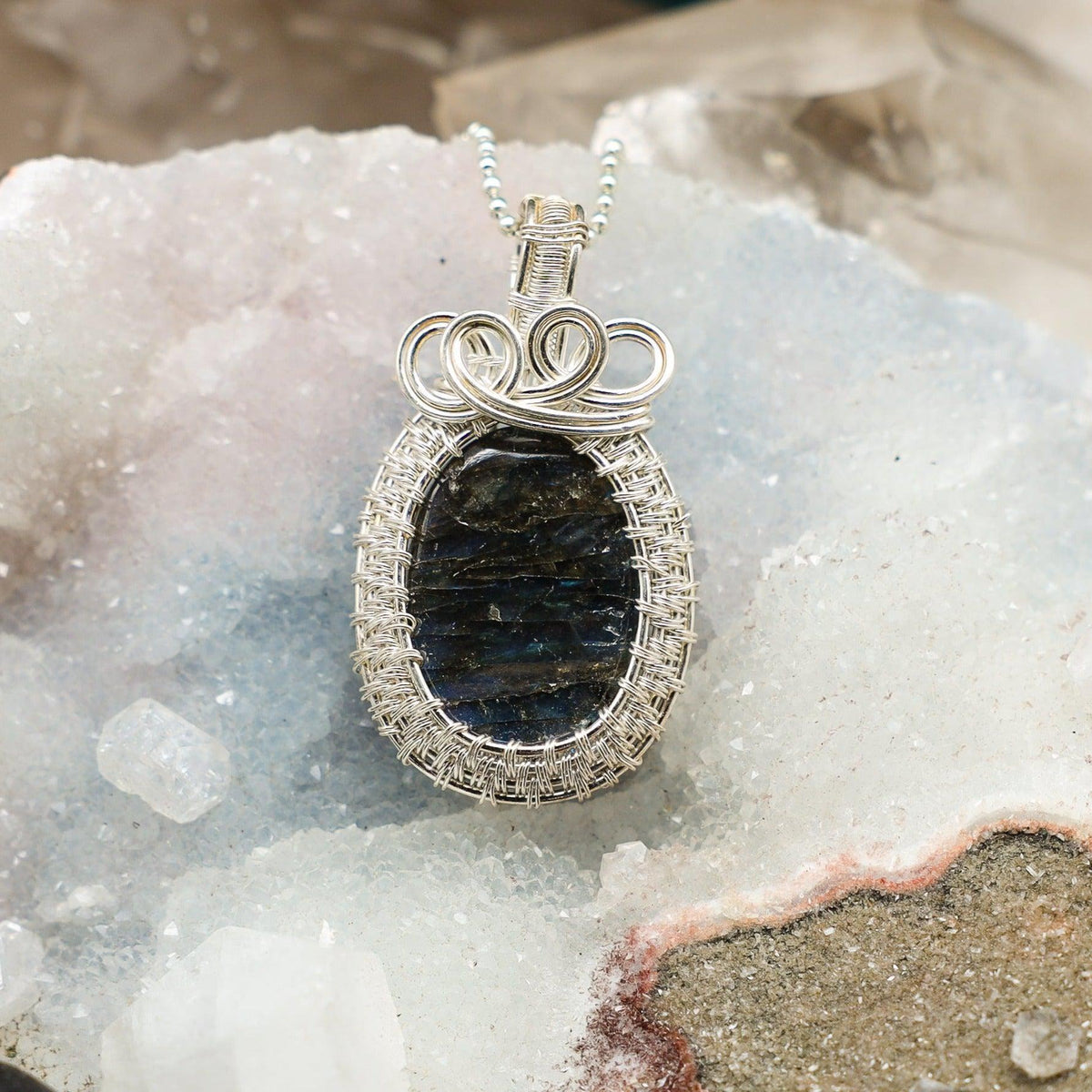 Labradorite Crystal Wire Wrap Oval Pendant Necklace 2.45"