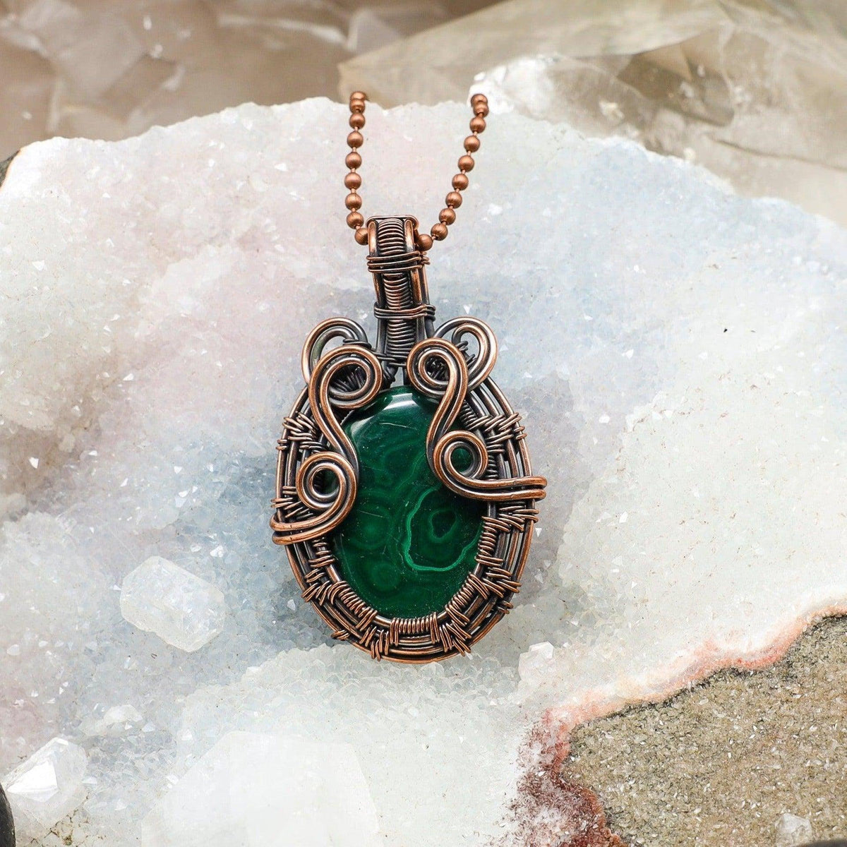 Malachite Copper Wire Wrapped Teardrop Pendant 2.35"