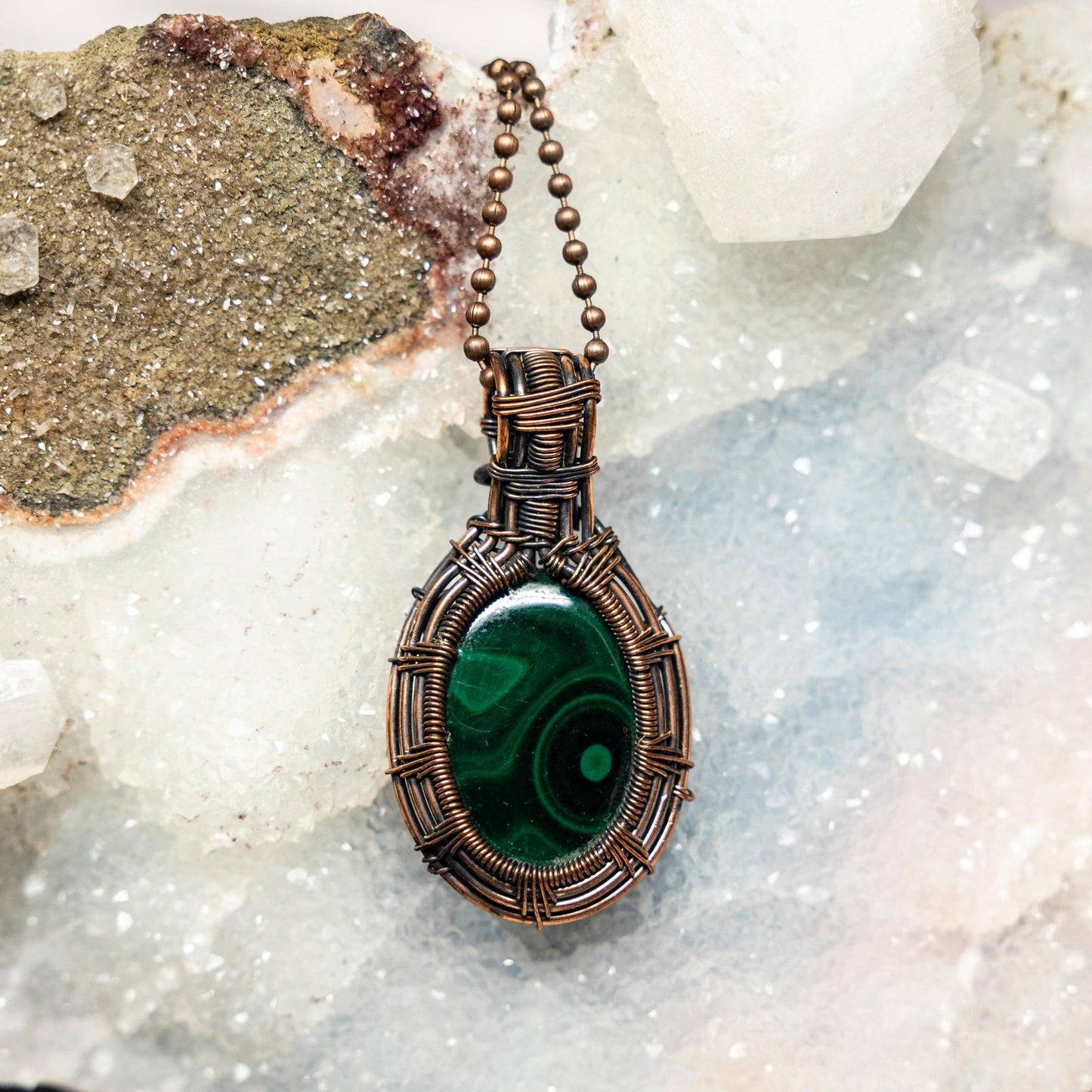 Malachite Oval Wire Wrap Pendant 2.25 Inch