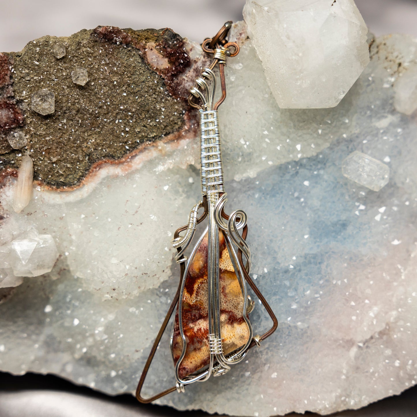 Moss Agate "Guitar" Wire Wrap Crystal Pendant