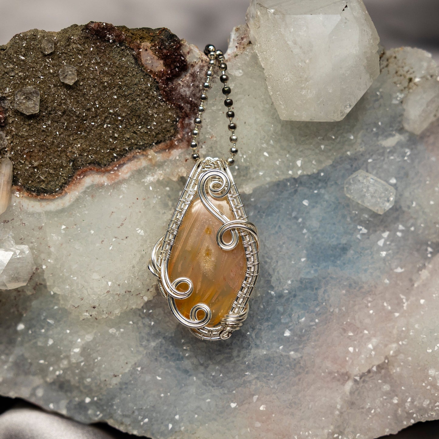 Peach Agate Wire Wrap Crystal Pendant
