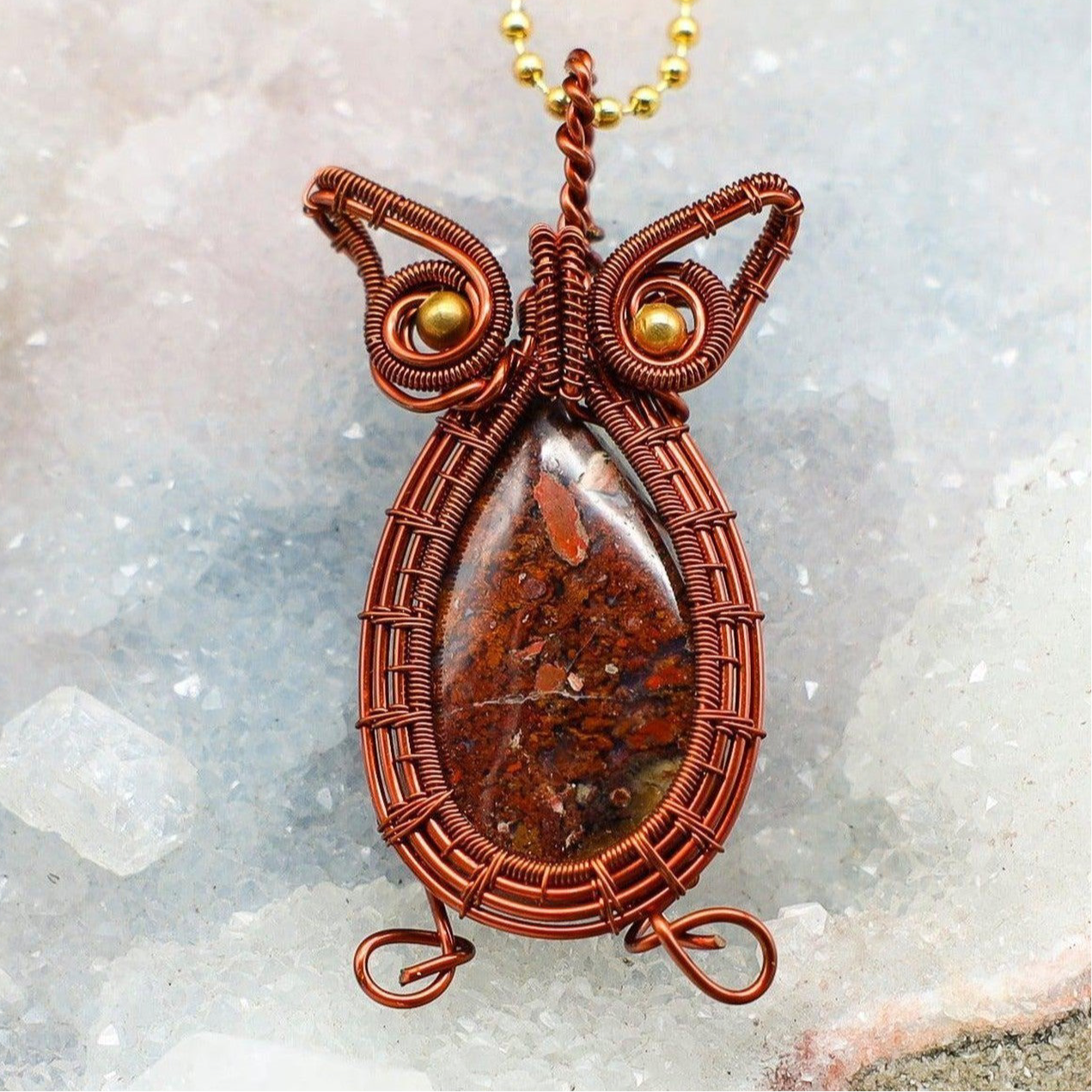 Poppy Jasper Owl Wire Wrap Crystal Pendant