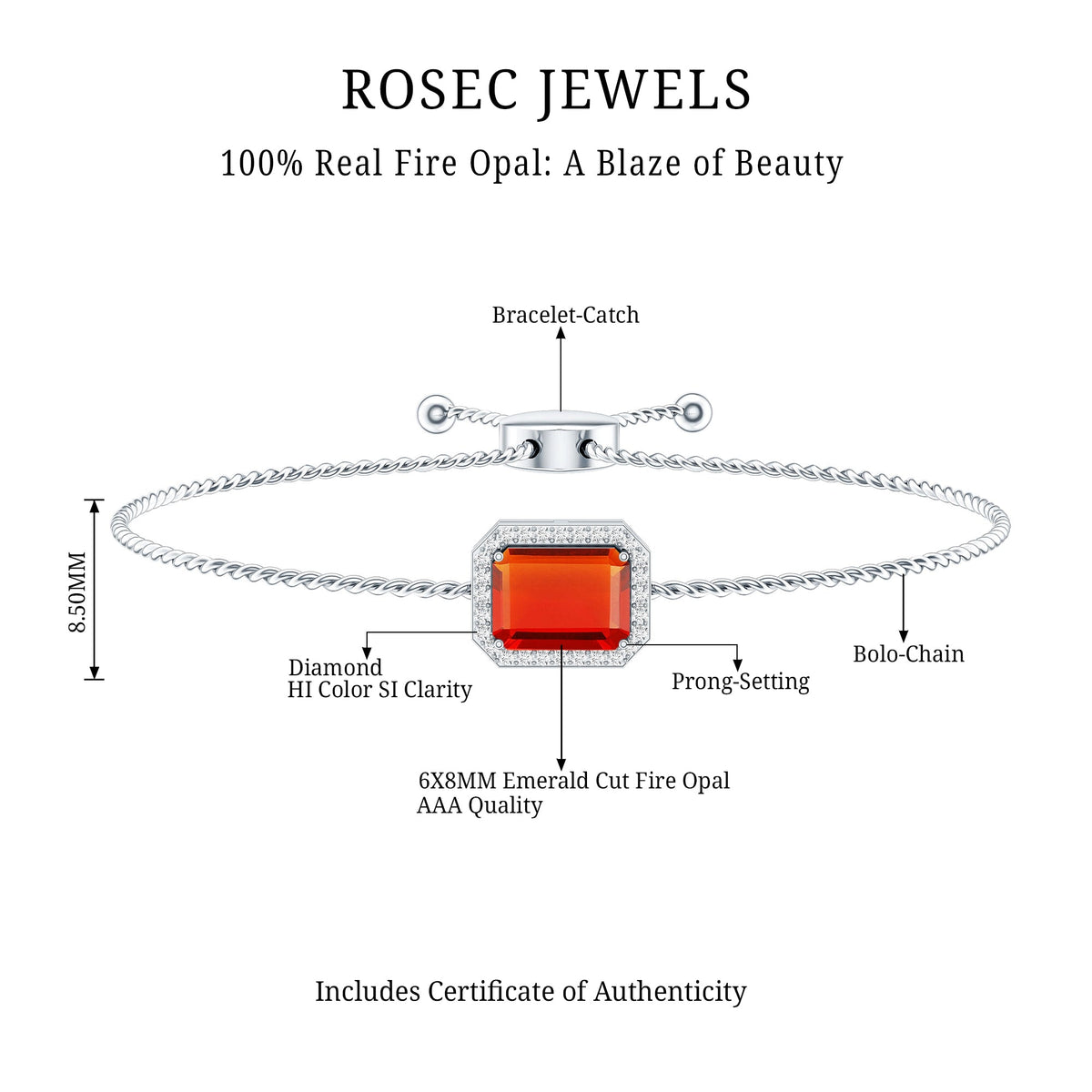 1 Carat Emerald Cut Fire Opal and Diamond Halo Bracelet