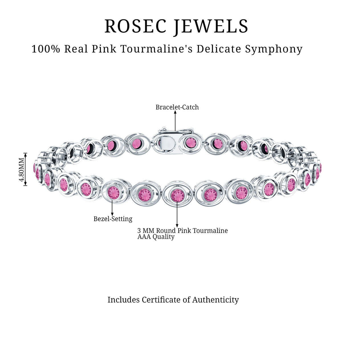 Bezel Set Natural Pink Tourmaline Tennis Bracelet for Women