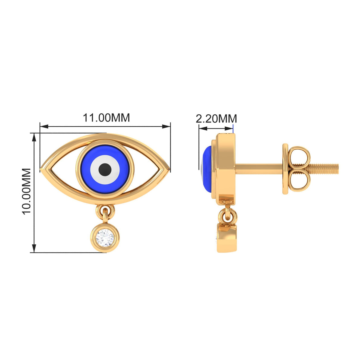 Classic Evil Eye Stud Earrings with Moissanite Drop in Bezel Setting