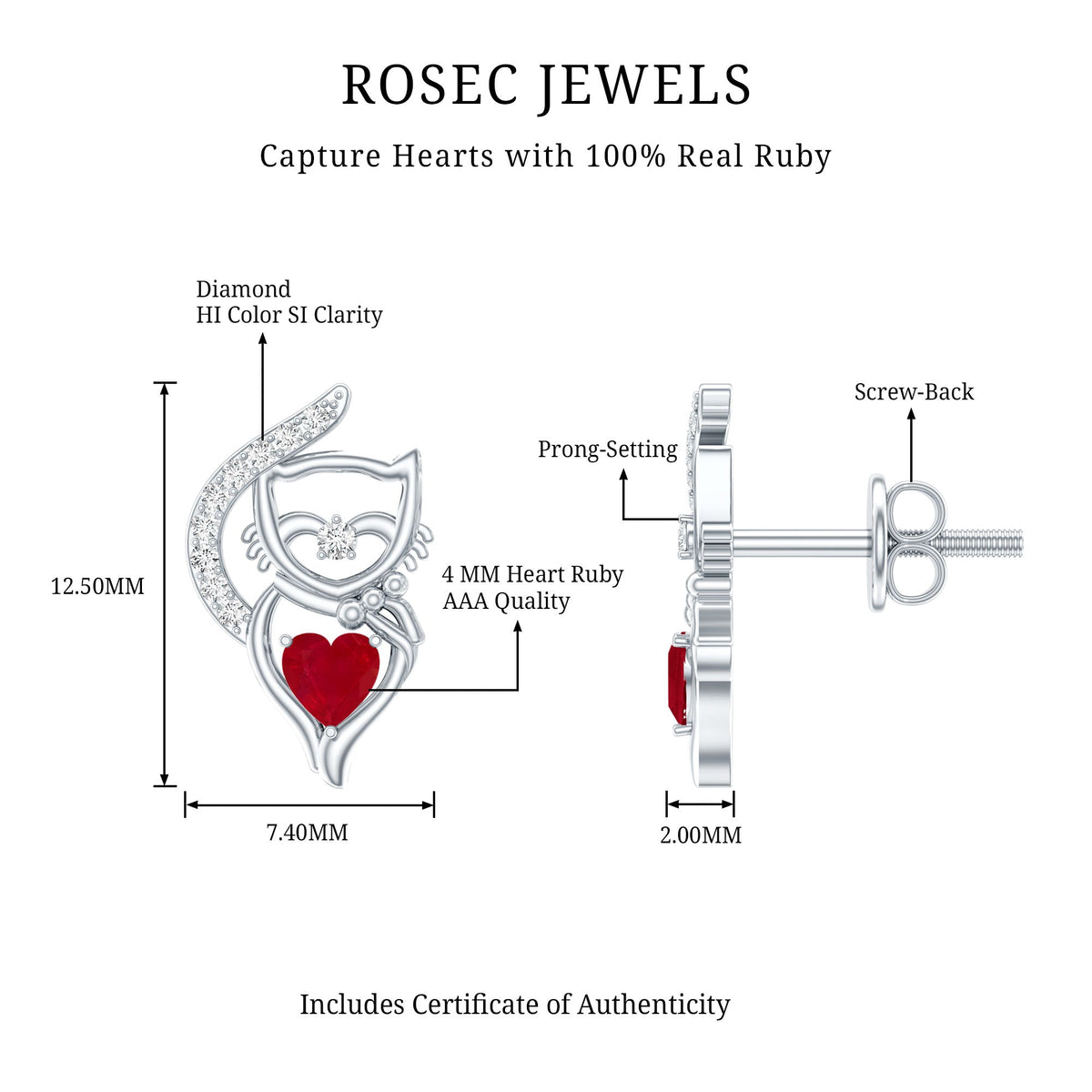 Heart Shape Ruby Cat Stud Earrings with Diamond