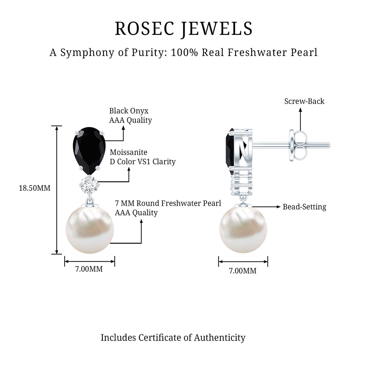 6 Carat Freshwater Pearl Drop Earrings with Black Onyx
