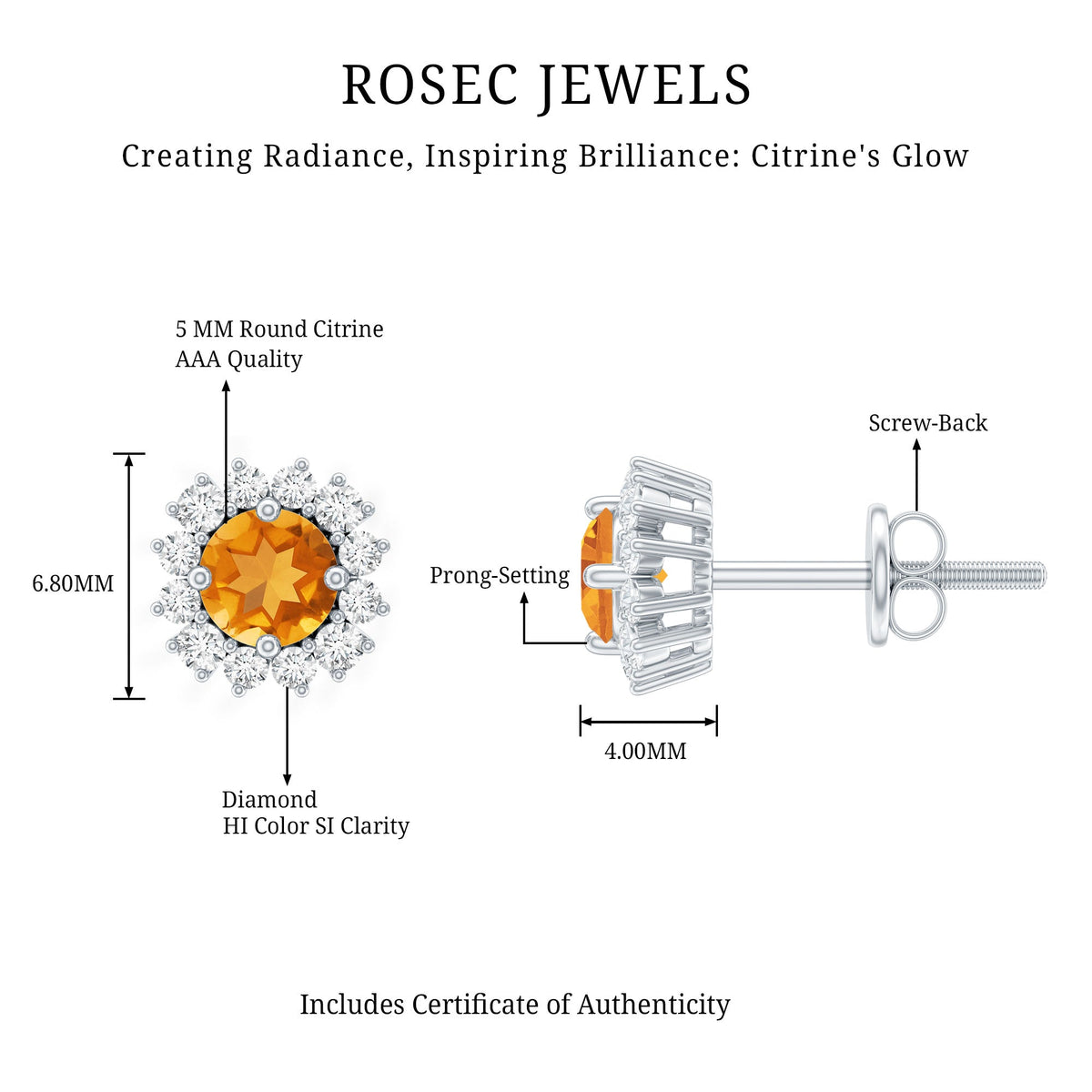 1 Carat Classic Yellow Citrine and Diamond Halo Stud Earrings
