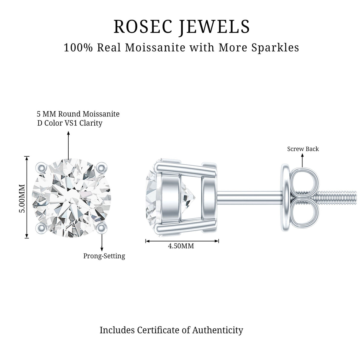 1 Carat Round Moissanite Solitaire Screw Back Stud Earrings