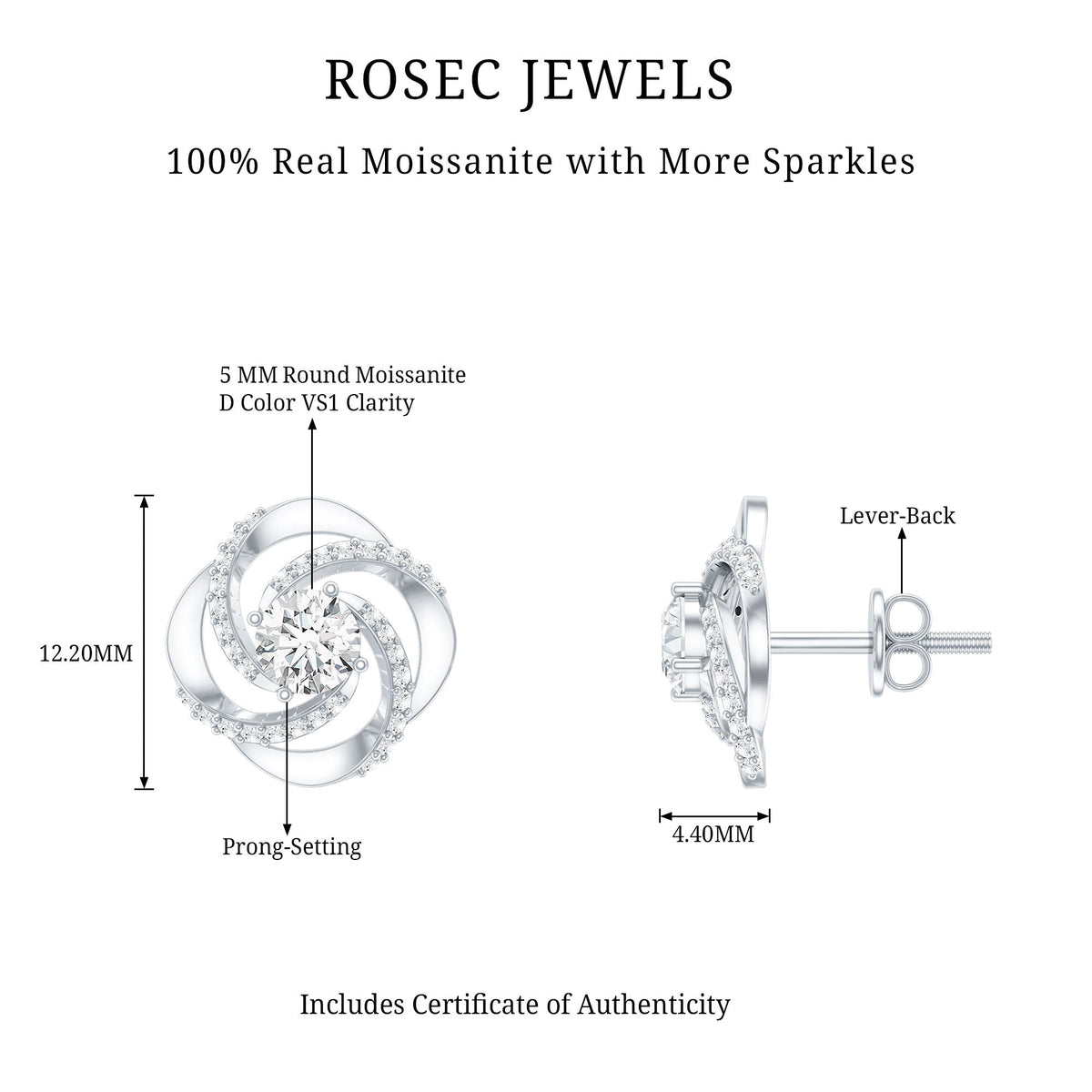 1 CT Round Shape Moissanite Swirl Stud Earrings