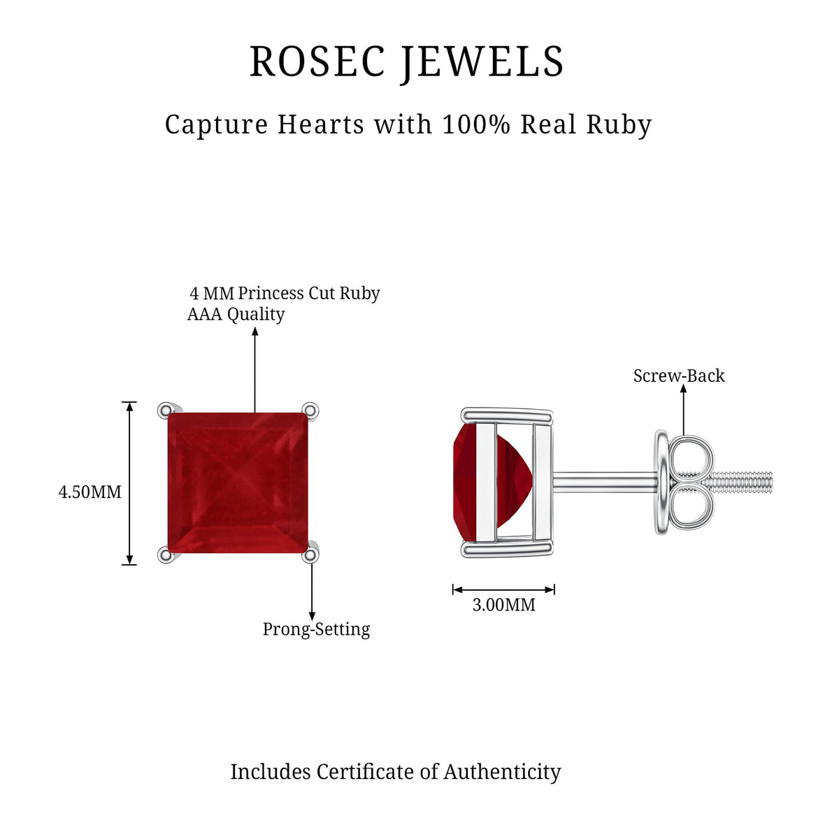 0.9 Carat Princess Cut Ruby Solitaire Stud Earrings