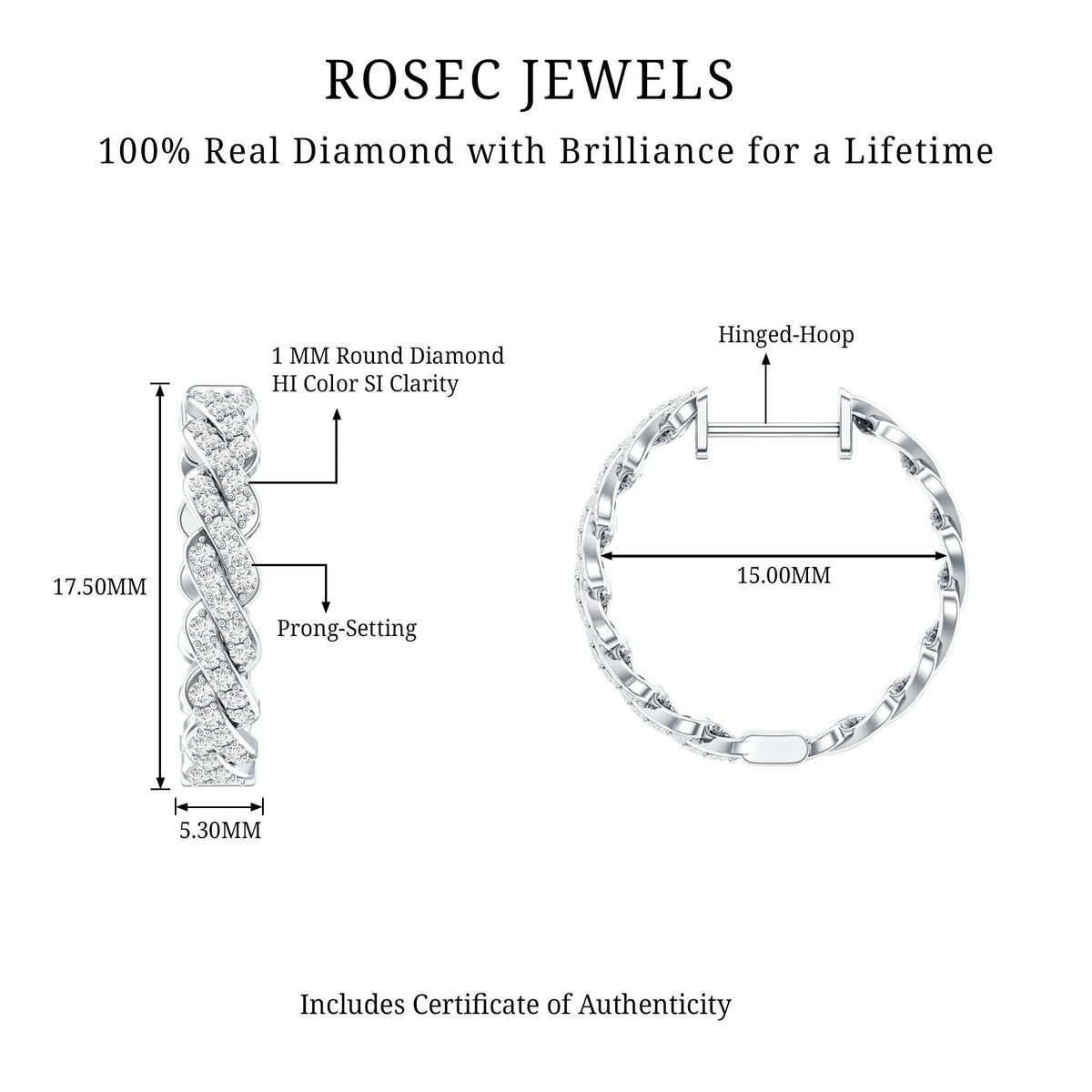 Certified Natural Diamond Twisted Hoop Earrings with Round Brilliant Stones