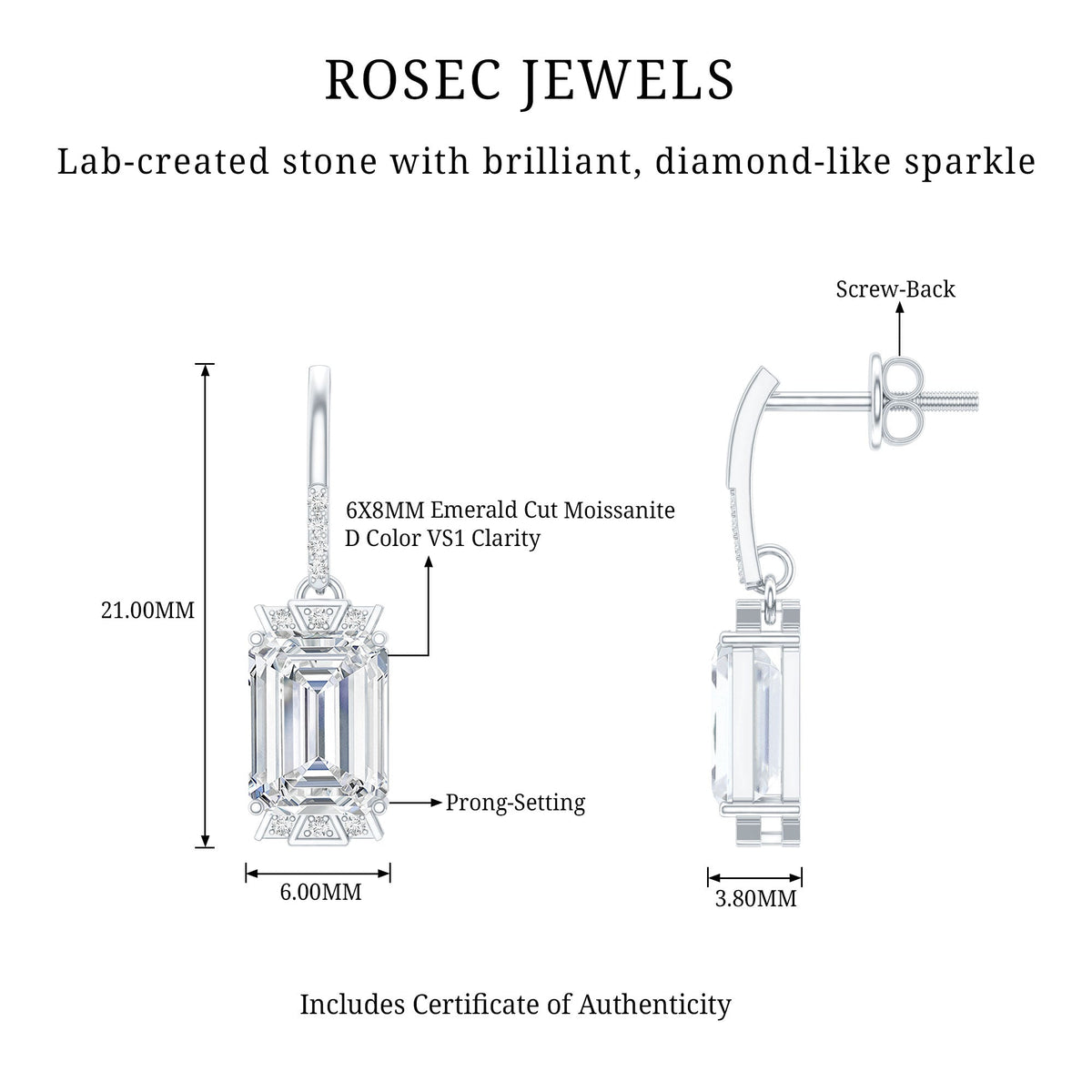 3.5 Carat Emerald Cut Moissanite Drop Earrings for Women in Silver