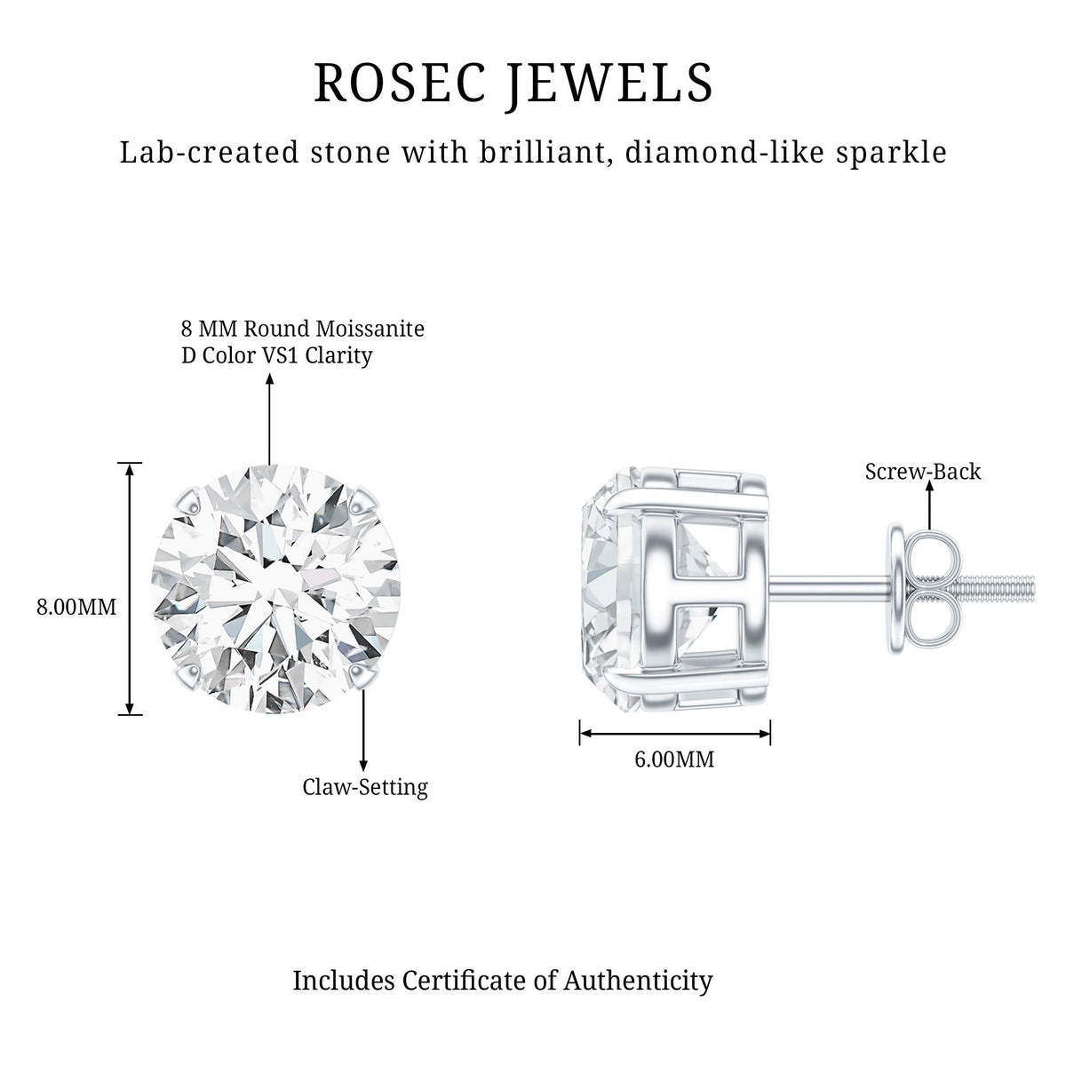 4.2 Carat Round Cut Moissanite Solitaire Stud Earrings