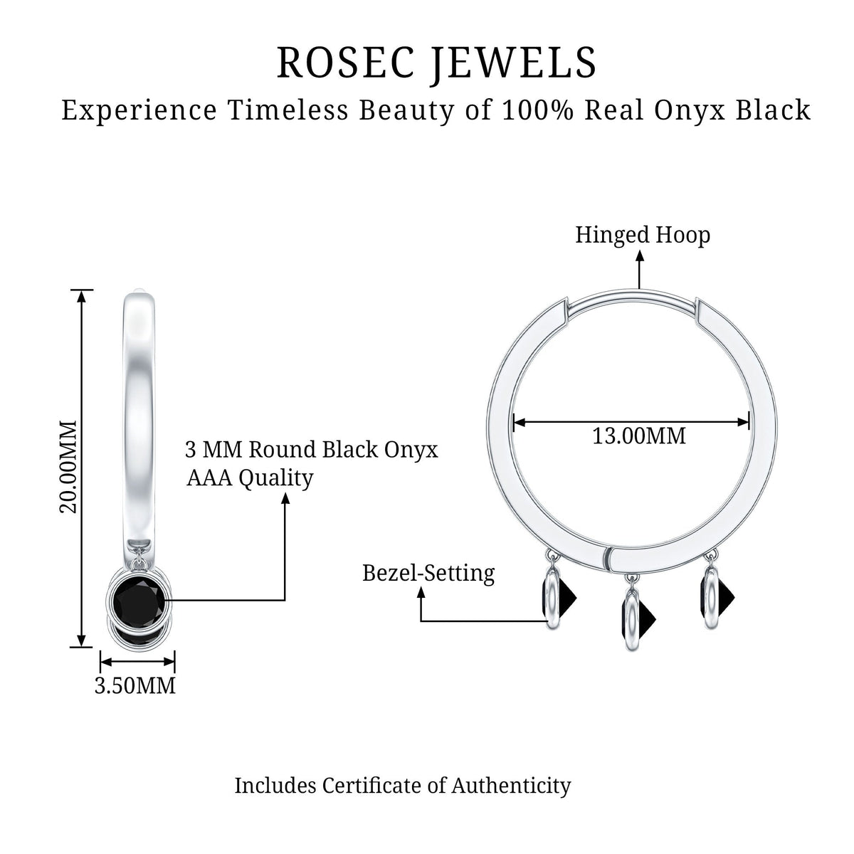 Genuine Black Onyx Hinged Hoop Drop Earrings