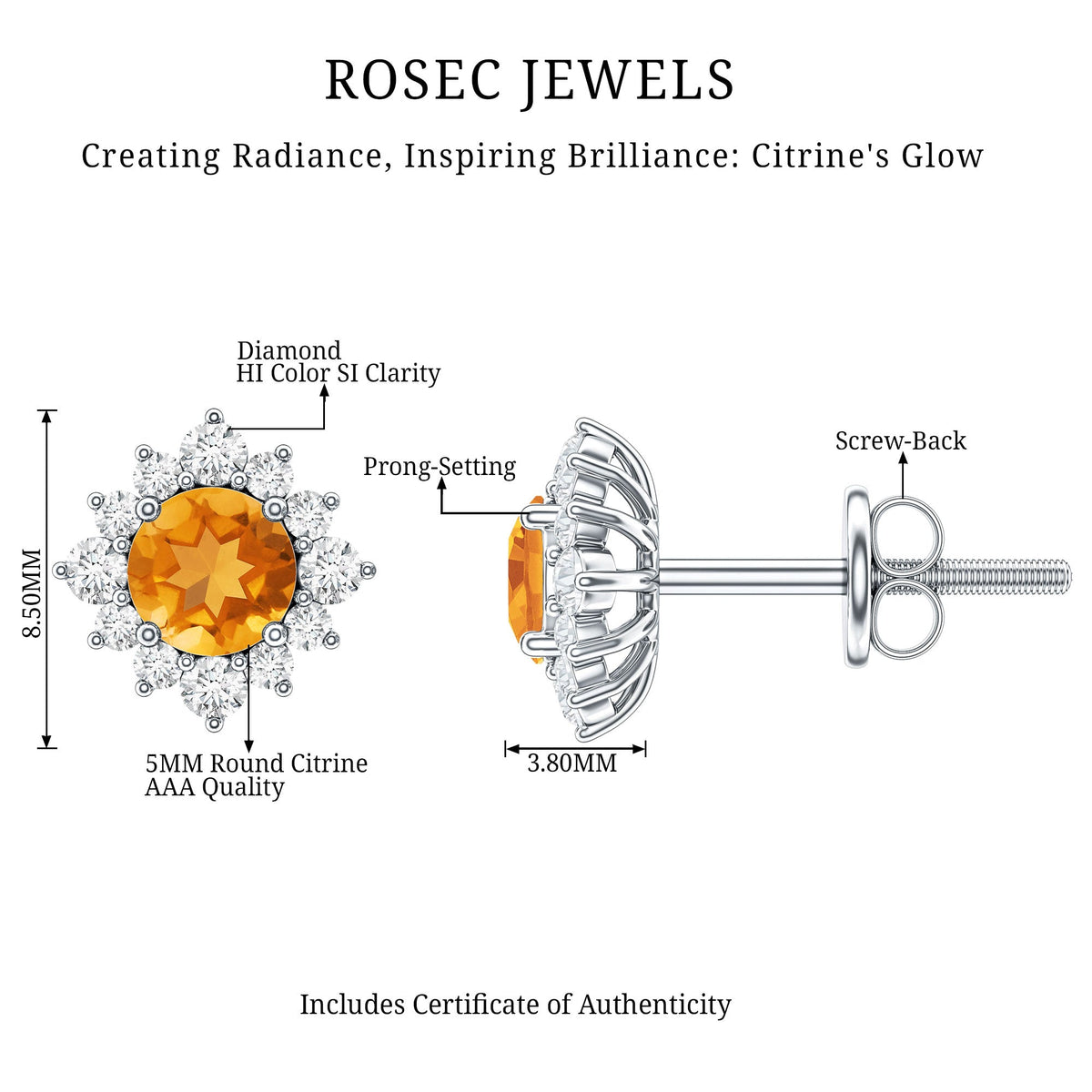 1 CT Classic Citrine Stud Earrings with Diamond Halo