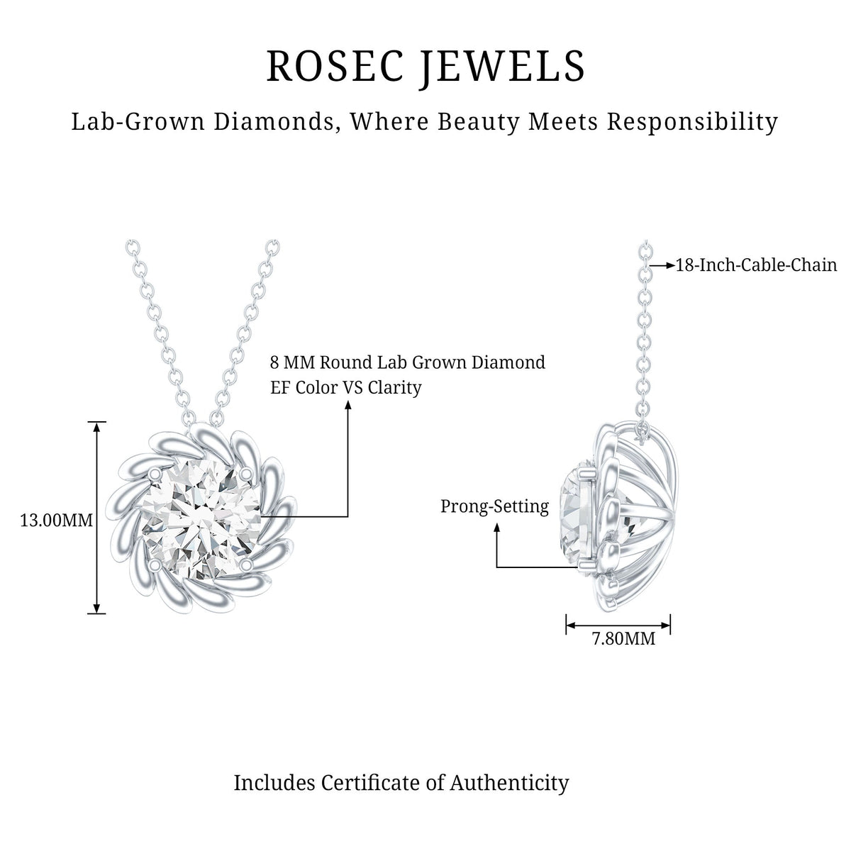 2 Carat Lab Grown Diamond Solitaire Necklace For Women