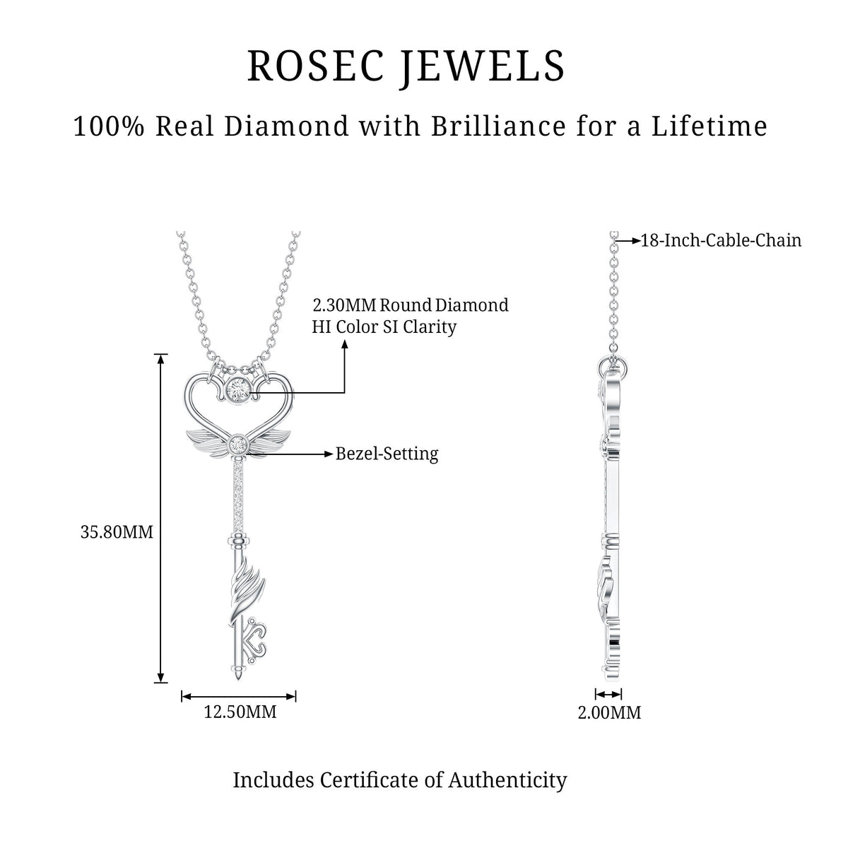 Diamond Key Necklace with Angel Wings