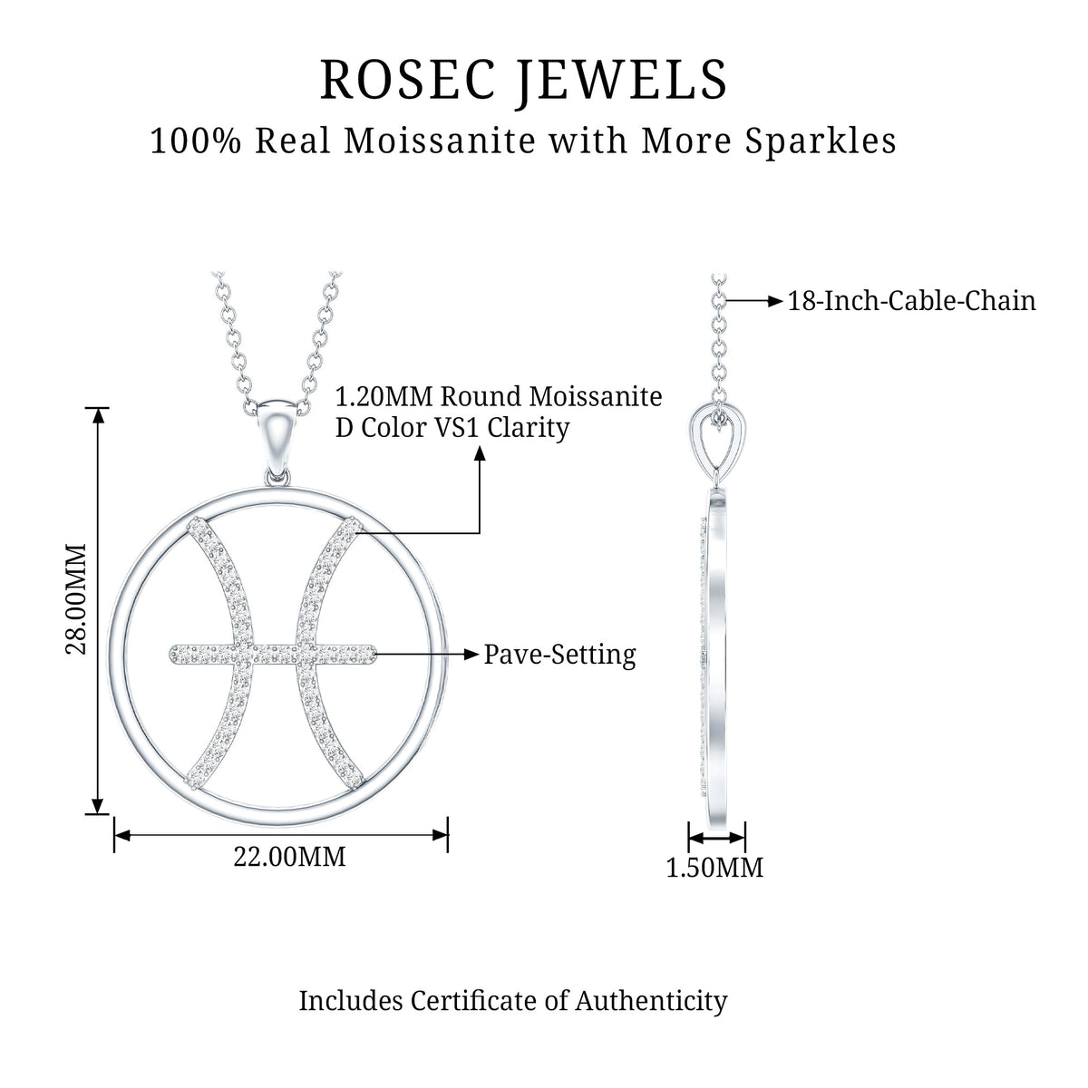 Certified Moissanite Pisces Zodiac Sign Pendant Necklace