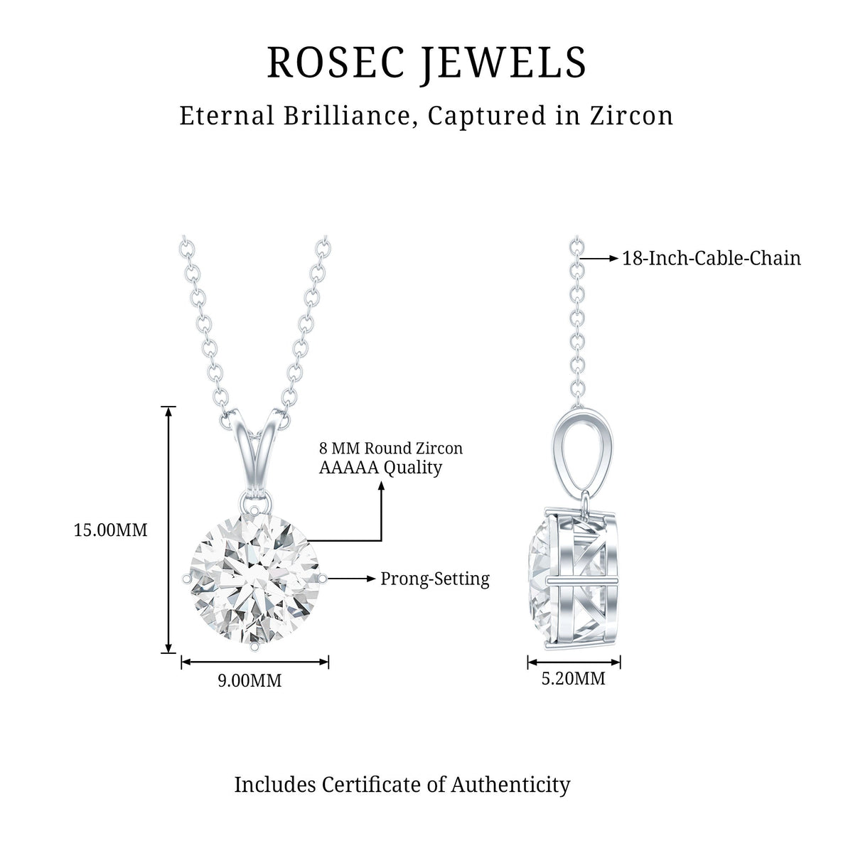 2 Carat Cubic Zirconia Solitaire Necklace with Silver Chain