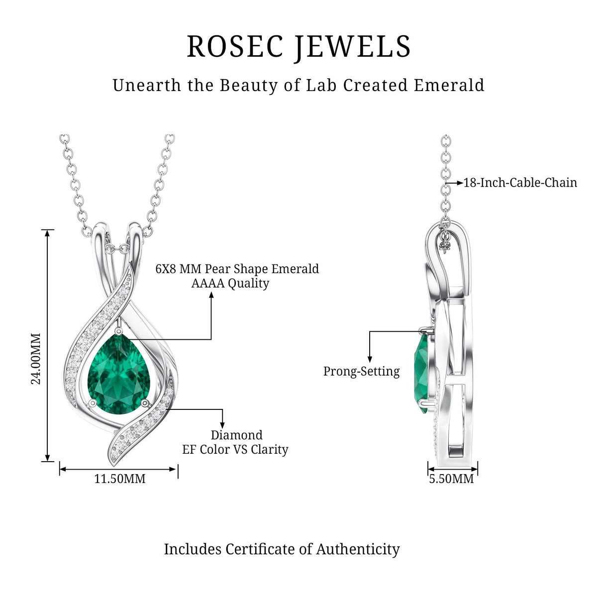 1 Carat Pear Cut Lab Created Emerald Teardrop Pendant with Diamond