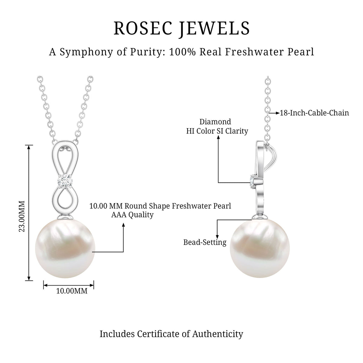 8 Carat Round Freshwater Pearl Drop Infinity Pendant with Diamond