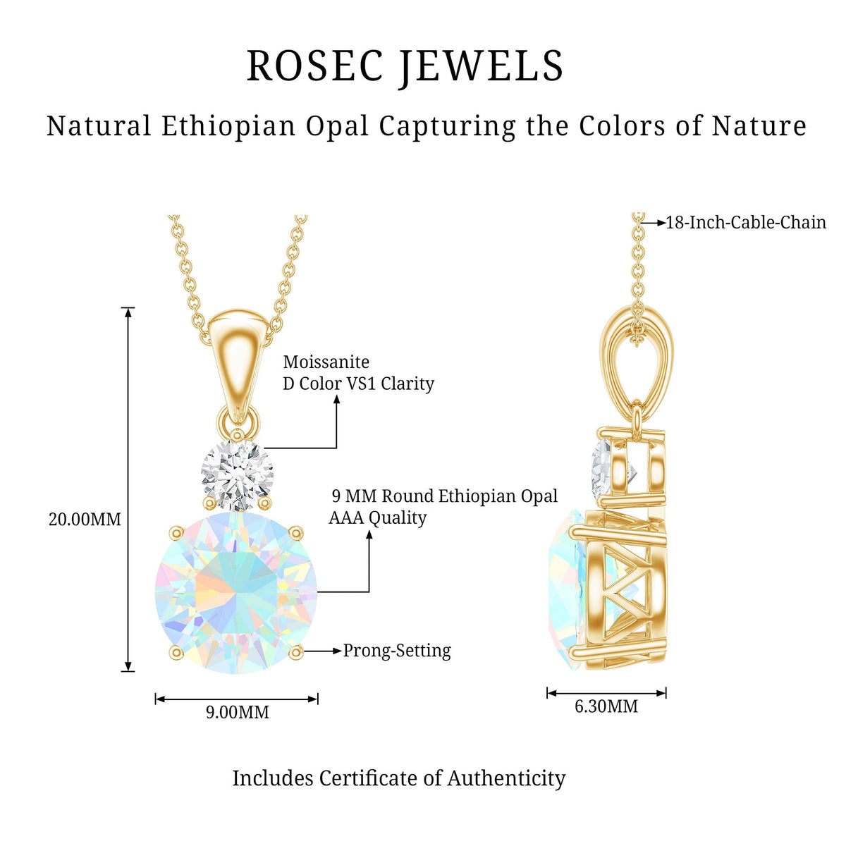 Certified 1.25 Carat Ethiopian Opal Solitaire Necklace with Moissanite