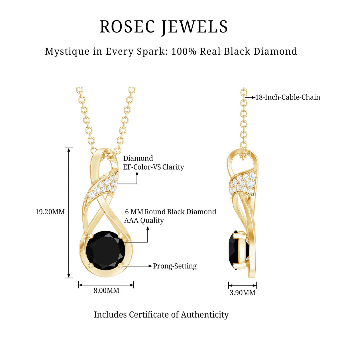 1 Carat Black and White Diamond Infinity Necklace with Silver Chain