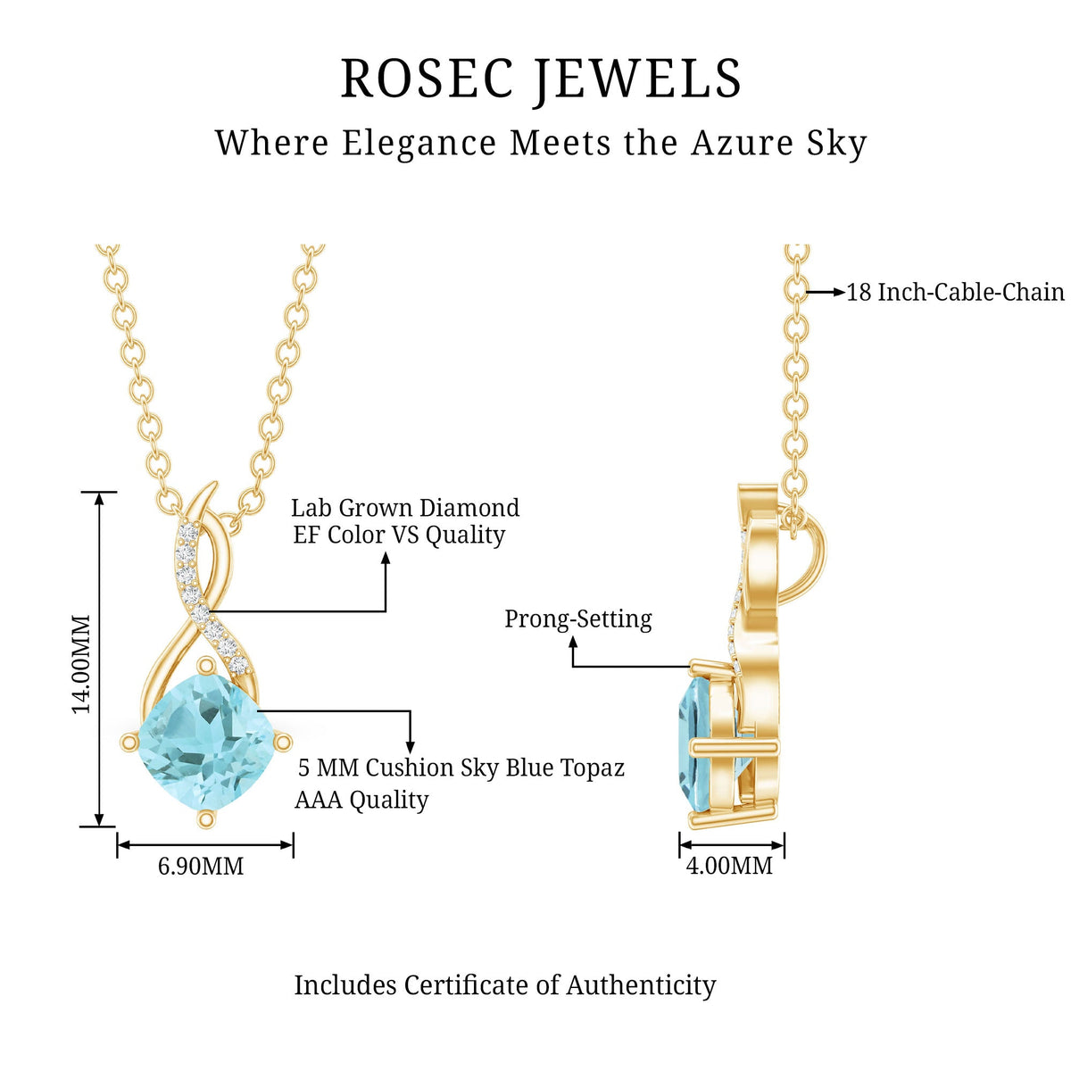 0.5 CT Cushion Cut Sky Blue Topaz Infinity Necklace with Silver Chain