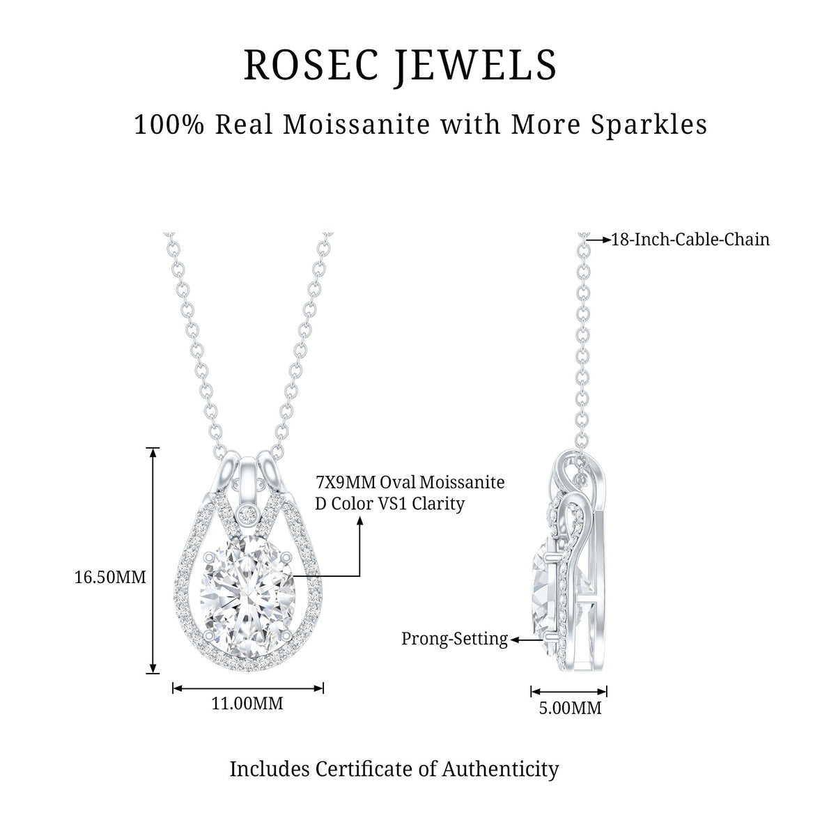 2 Carat Oval Cut Moissanite Drop Necklace For Wedding