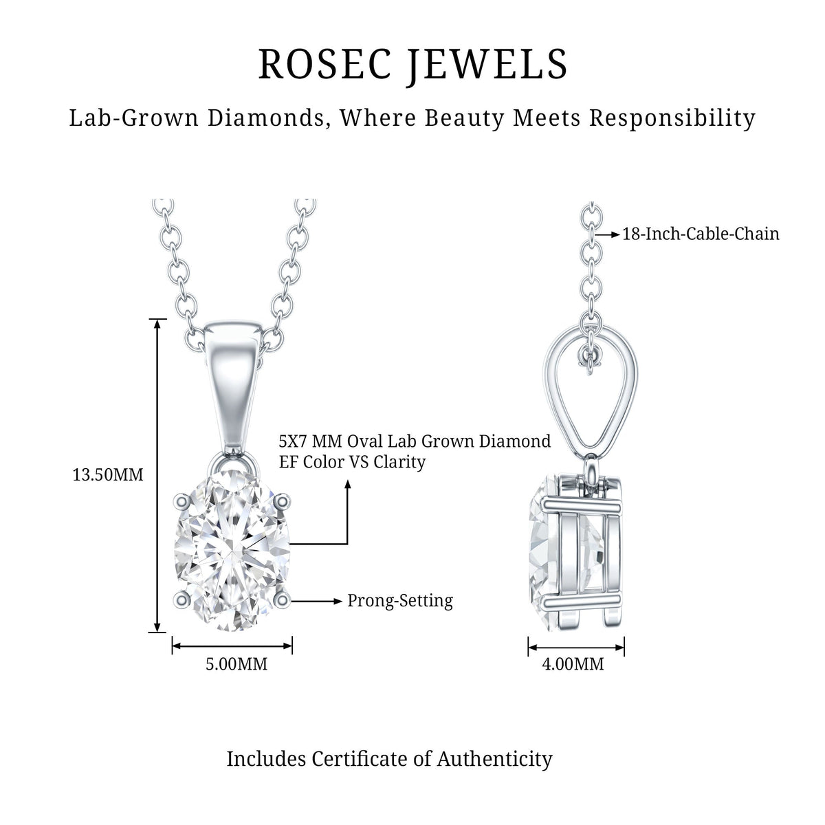0.75 Carat Oval Lab Grown Diamond Solitaire Necklace with Silver Chain
