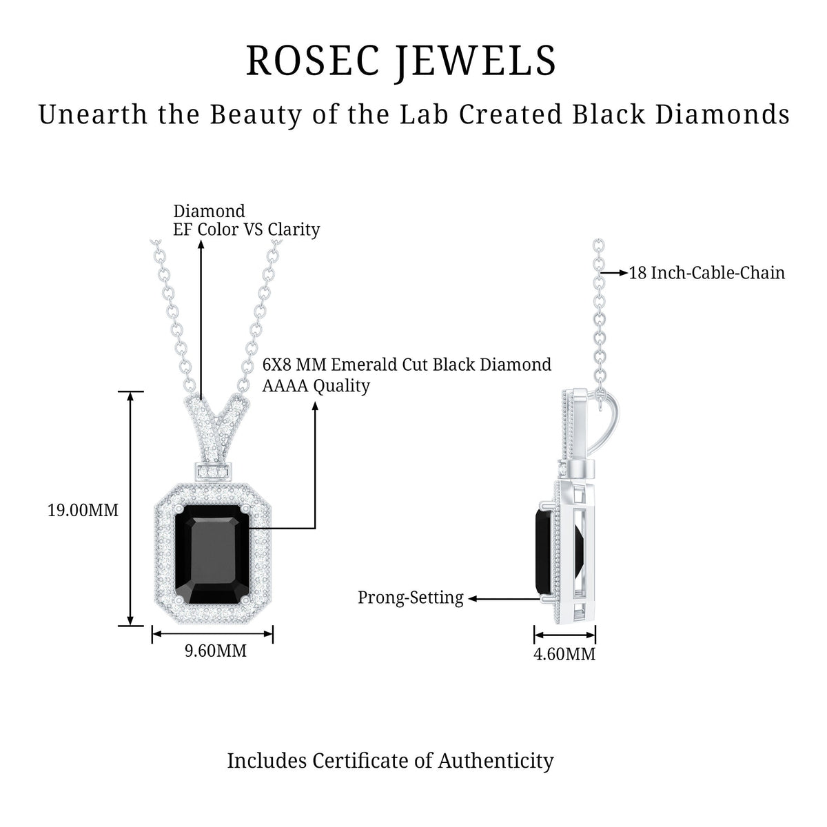 1.68 Carat Emerald Cut Lab Grown Black and White Diamond Vintage Necklace