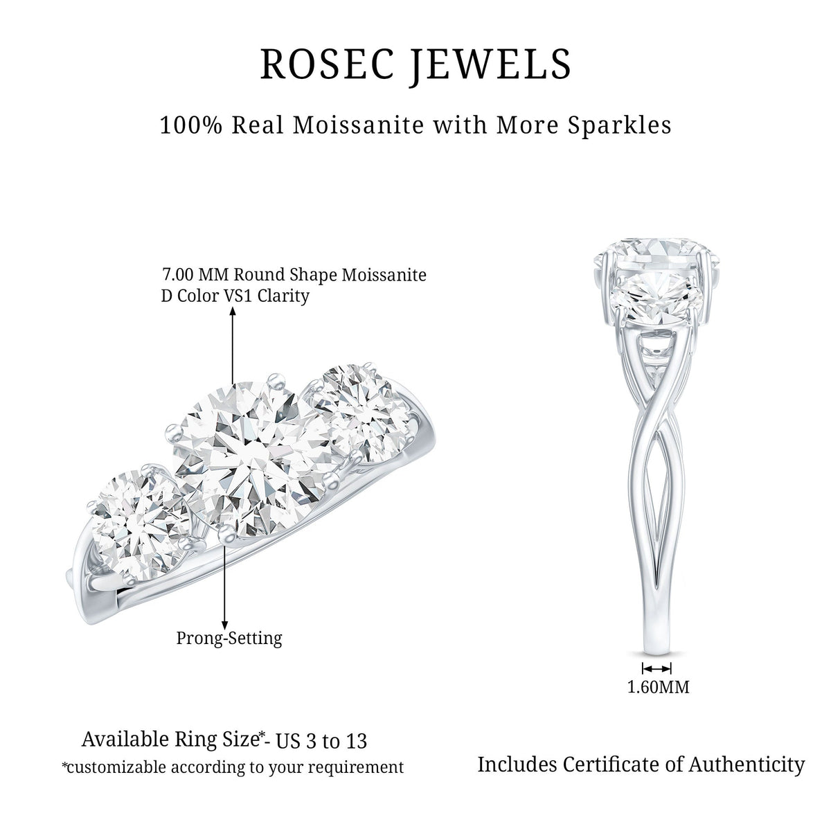 3 Stone Round Moissanite Crossover Engagement Ring