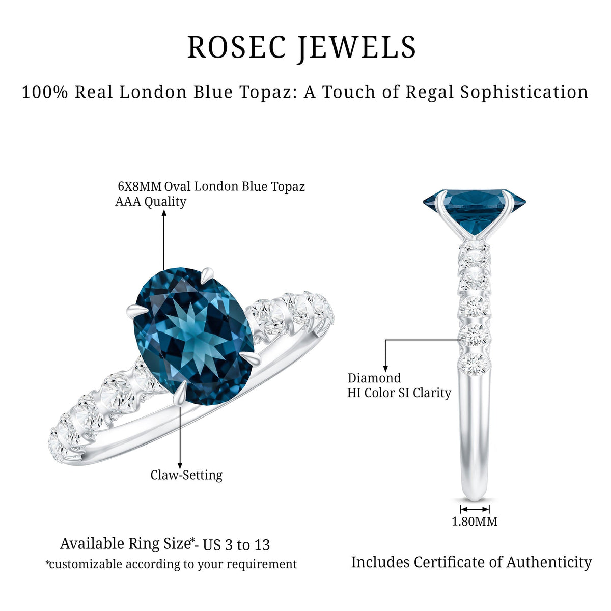 1 Carat Oval Cut London Blue Topaz Solitaire Engagement Ring with Diamond Side Stones