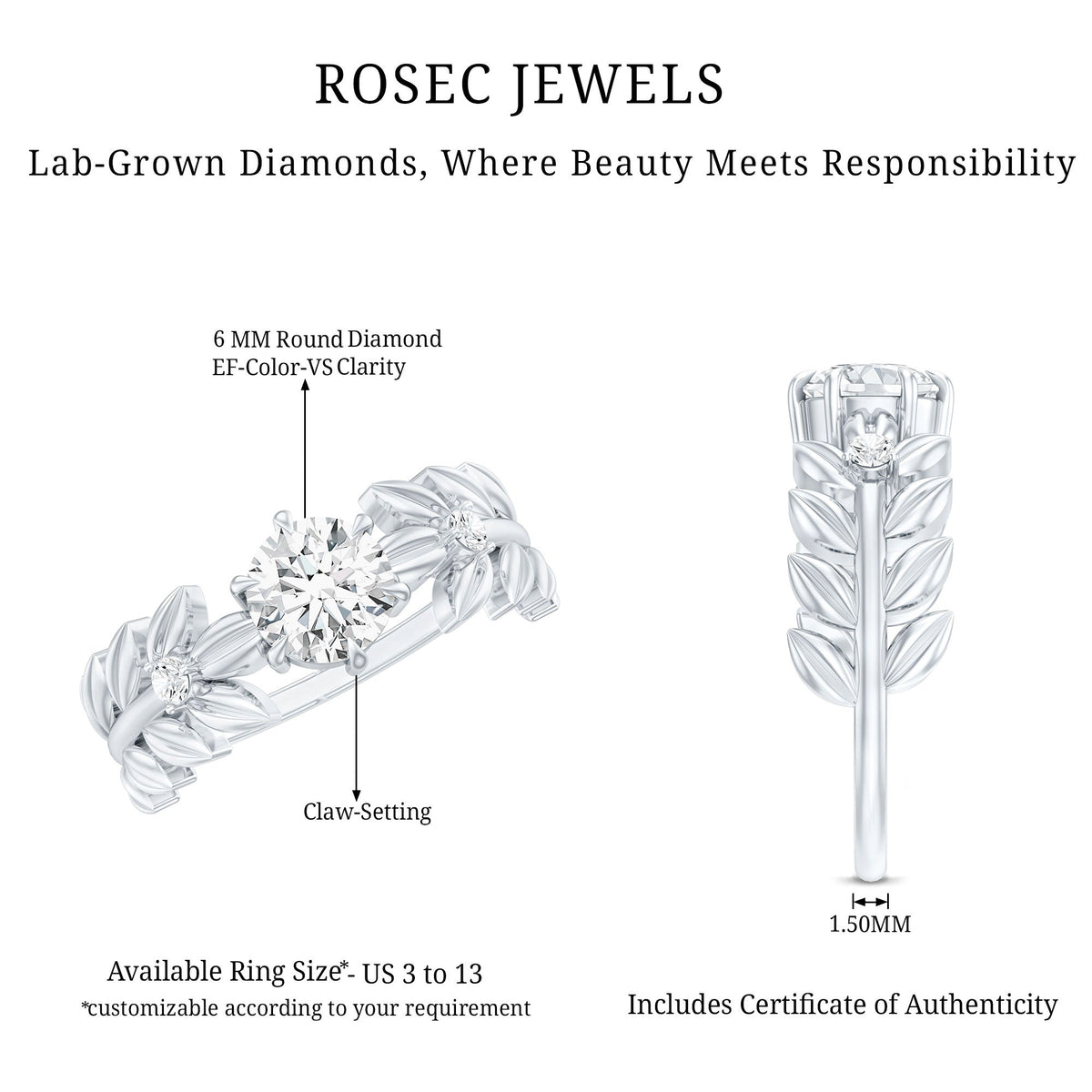 0.9 Carat Lab Grown Diamond Nature Inspired Engagement Ring