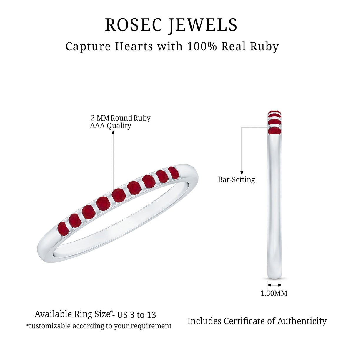 0.5 Carat Natural Round Ruby Half Eternity Band Ring