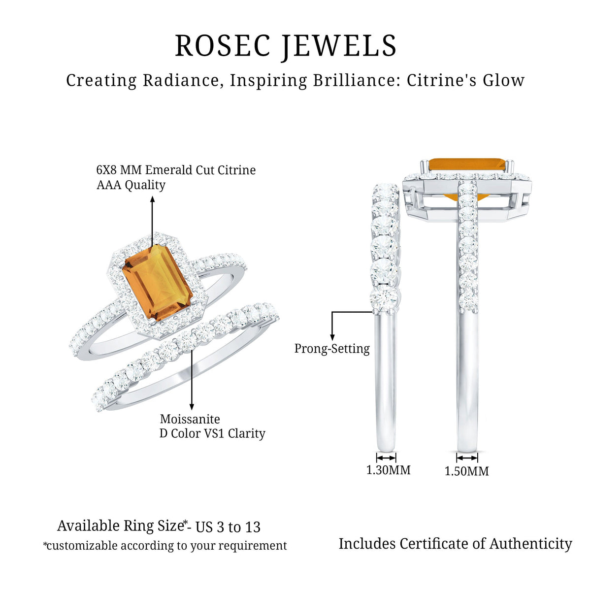 1.80 Carat Emerald Cut Citrine Engagement Ring with Moissanite Wedding Band