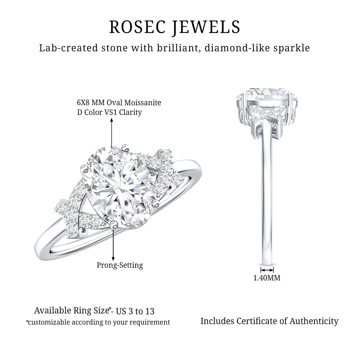Certified Moissanite Oval Engagement Ring in Split Shank
