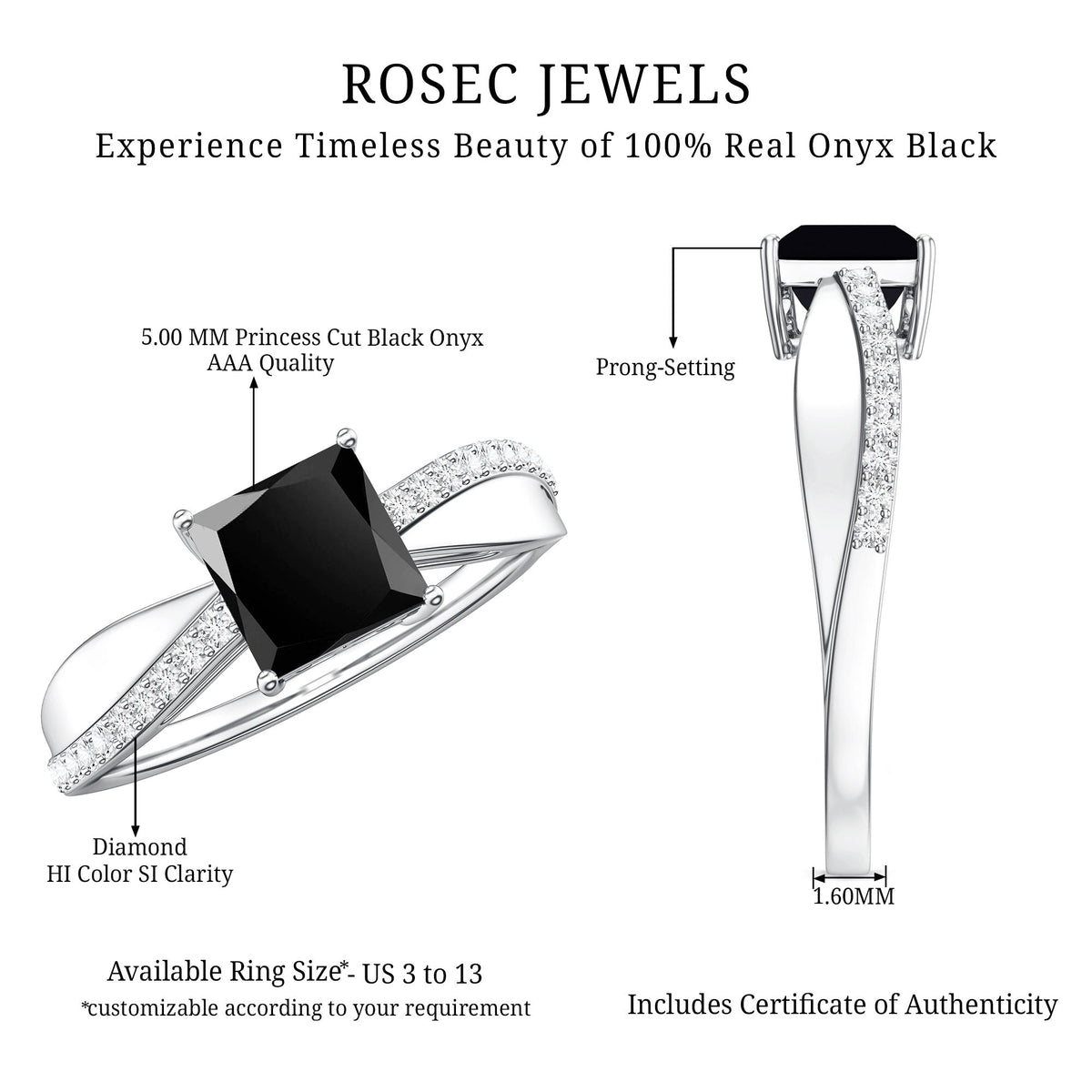 0.5 Carat Princess Cut Black Onyx Solitaire Engagement Ring with Diamond