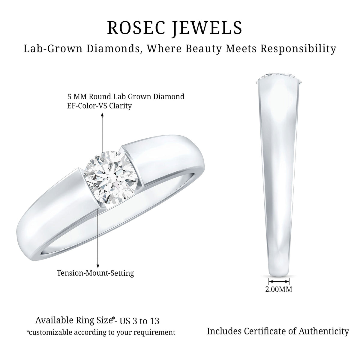 0.4 Carat Tension Mount Set Lab Grown Diamond Solitaire Band Ring