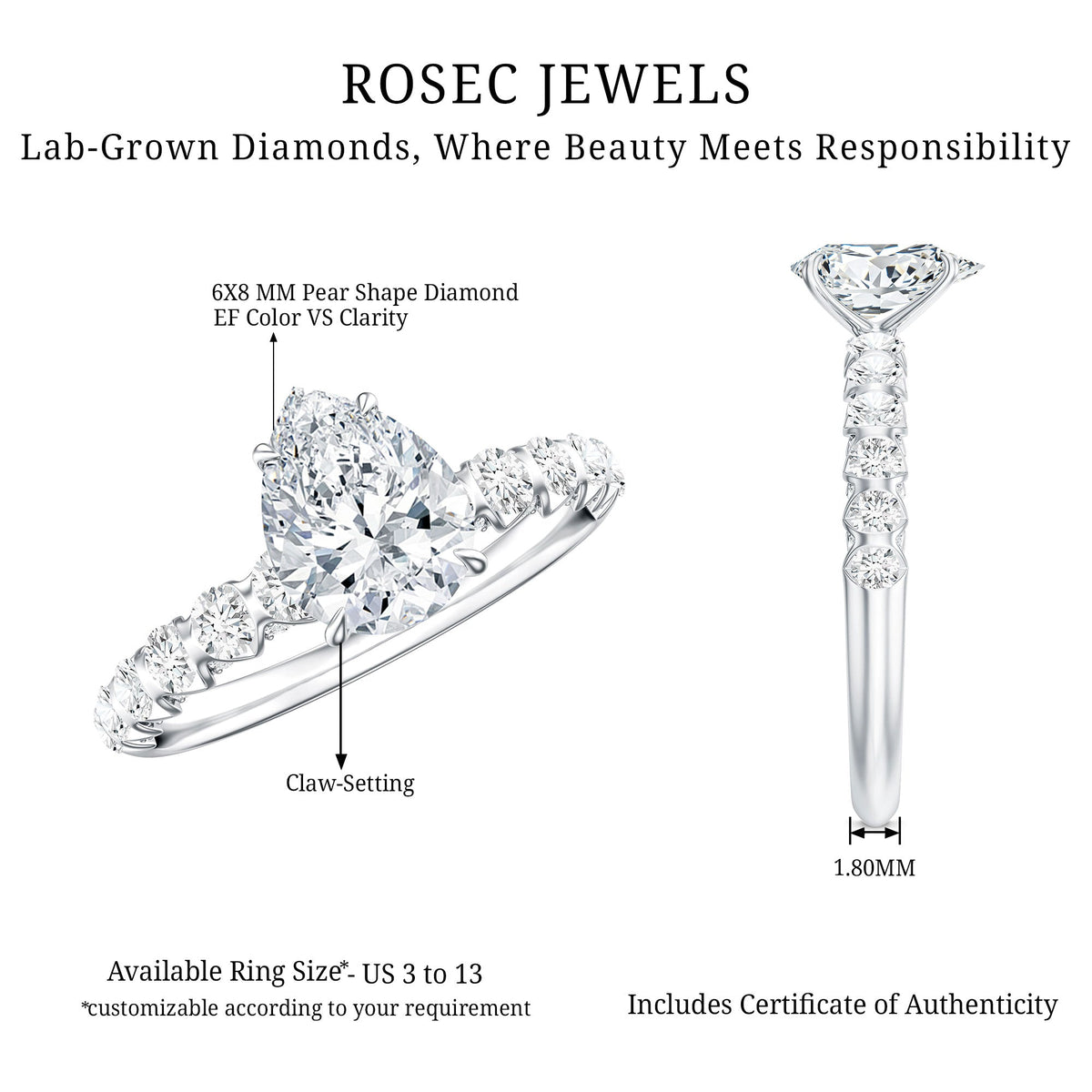 1.3 Carat Pear Cut Lab Grown Diamond Engagement Ring for Women